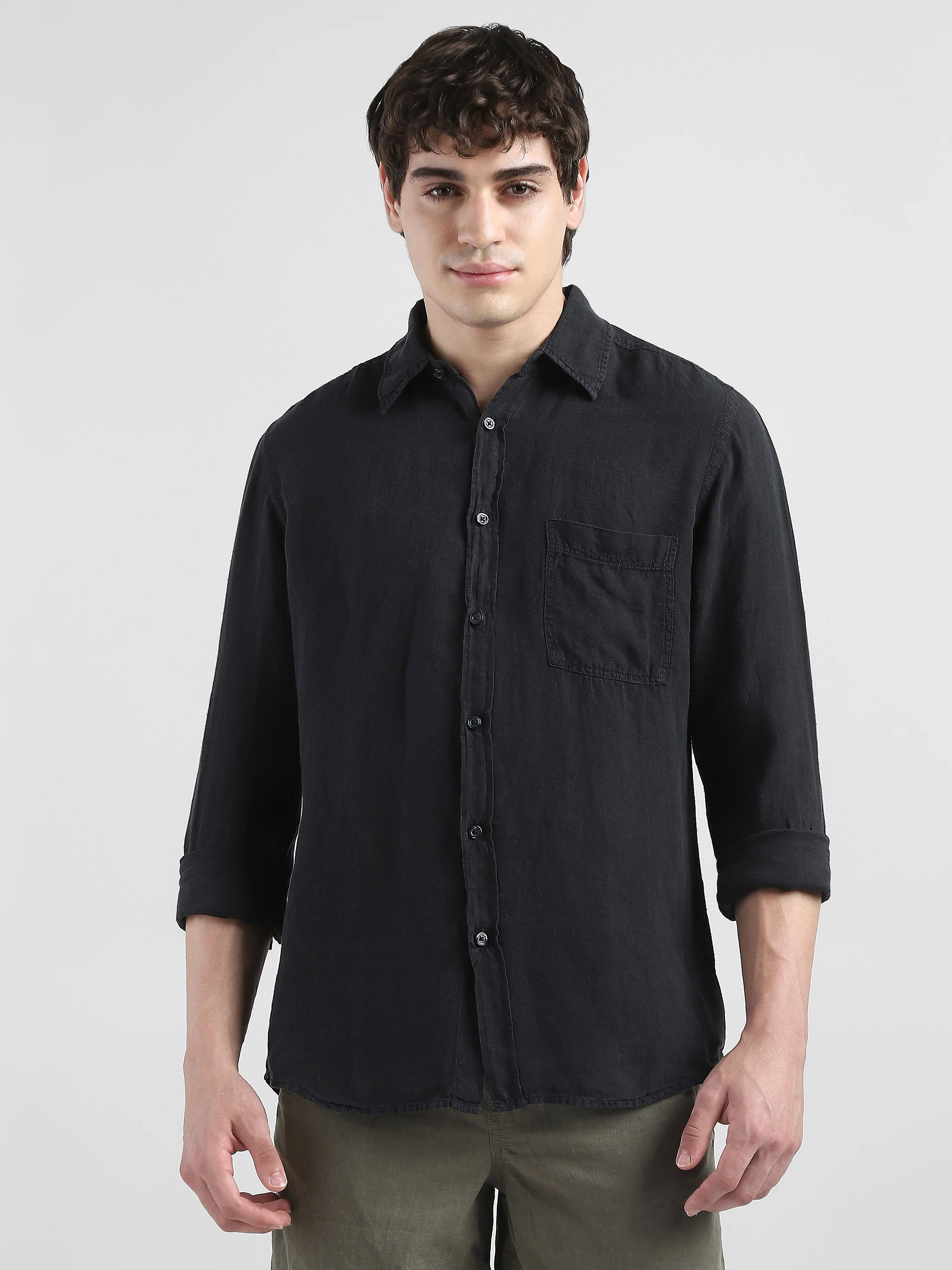 Men 100% Linen Black Regular Fit Shirt - Image 3
