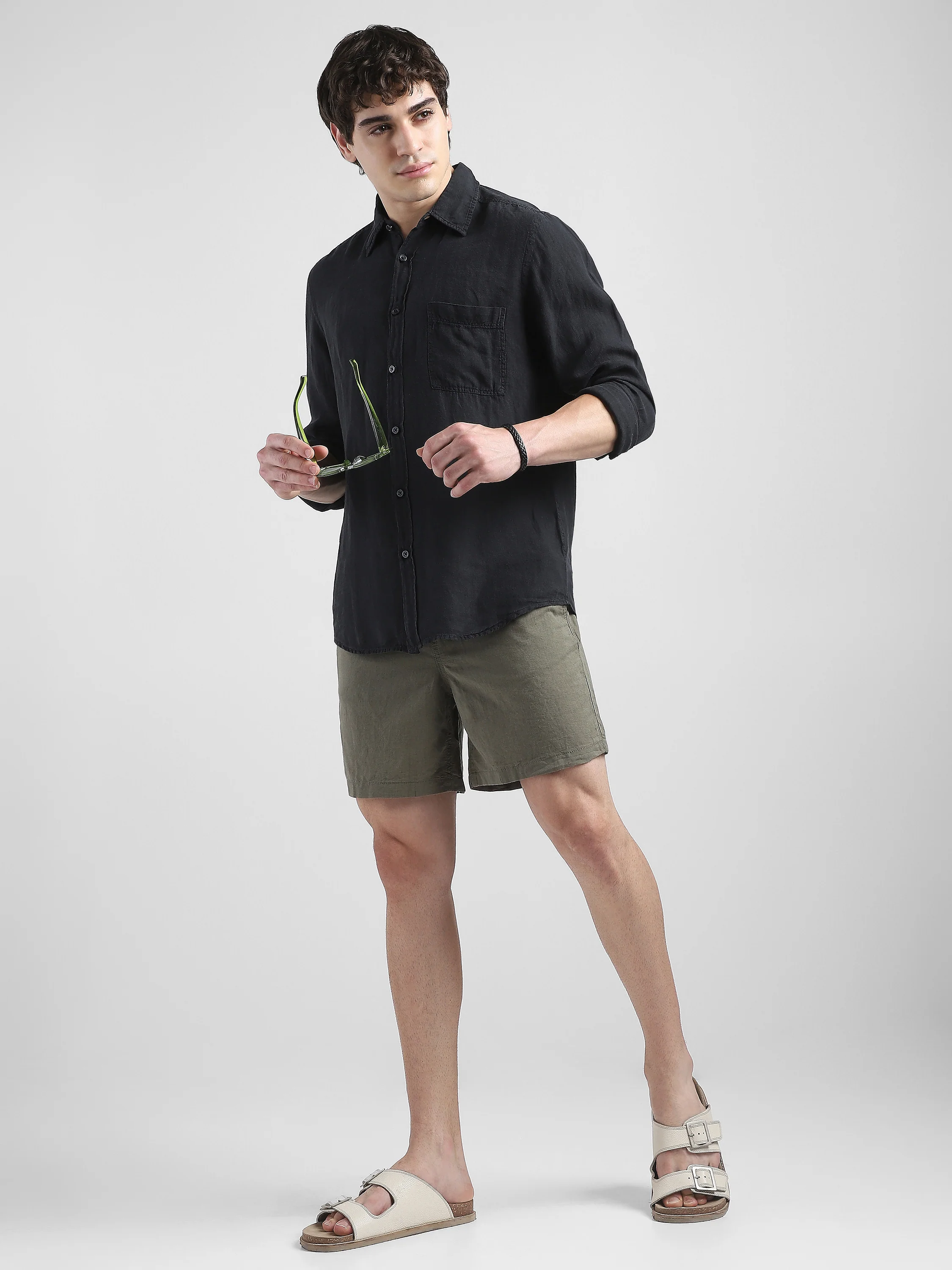 Men 100% Linen Black Regular Fit Shirt - Image 4