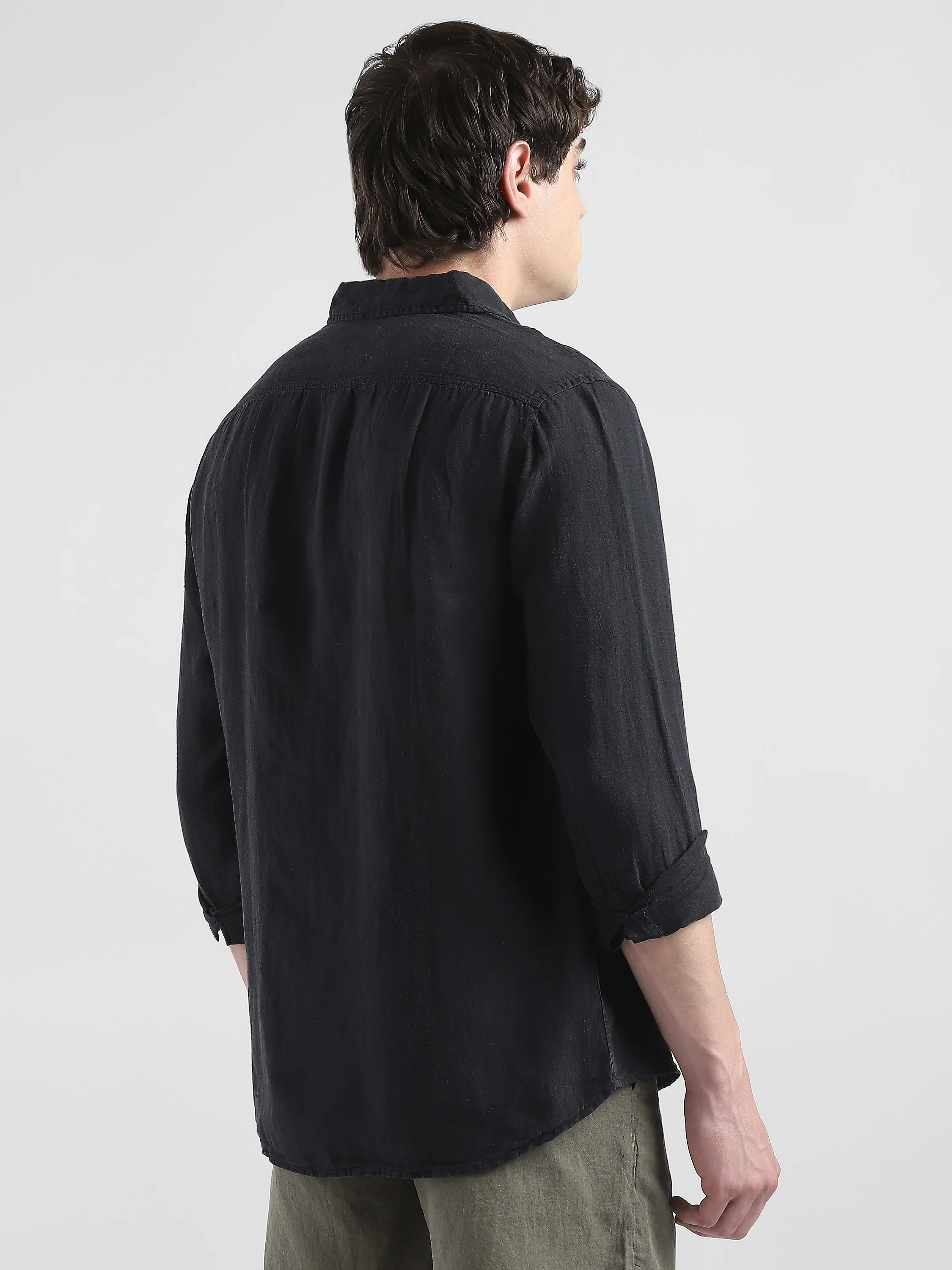 Men 100% Linen Black Regular Fit Shirt - Image 5