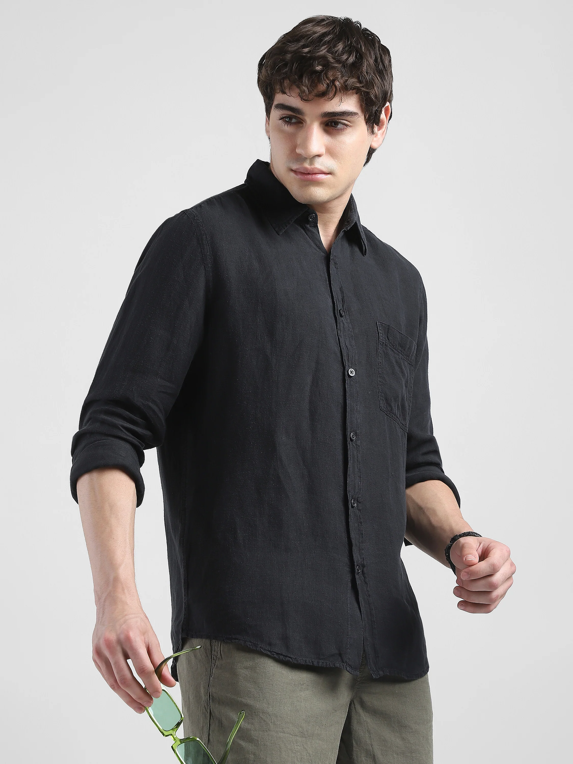 Men 100% Linen Black Regular Fit Shirt - Image 7