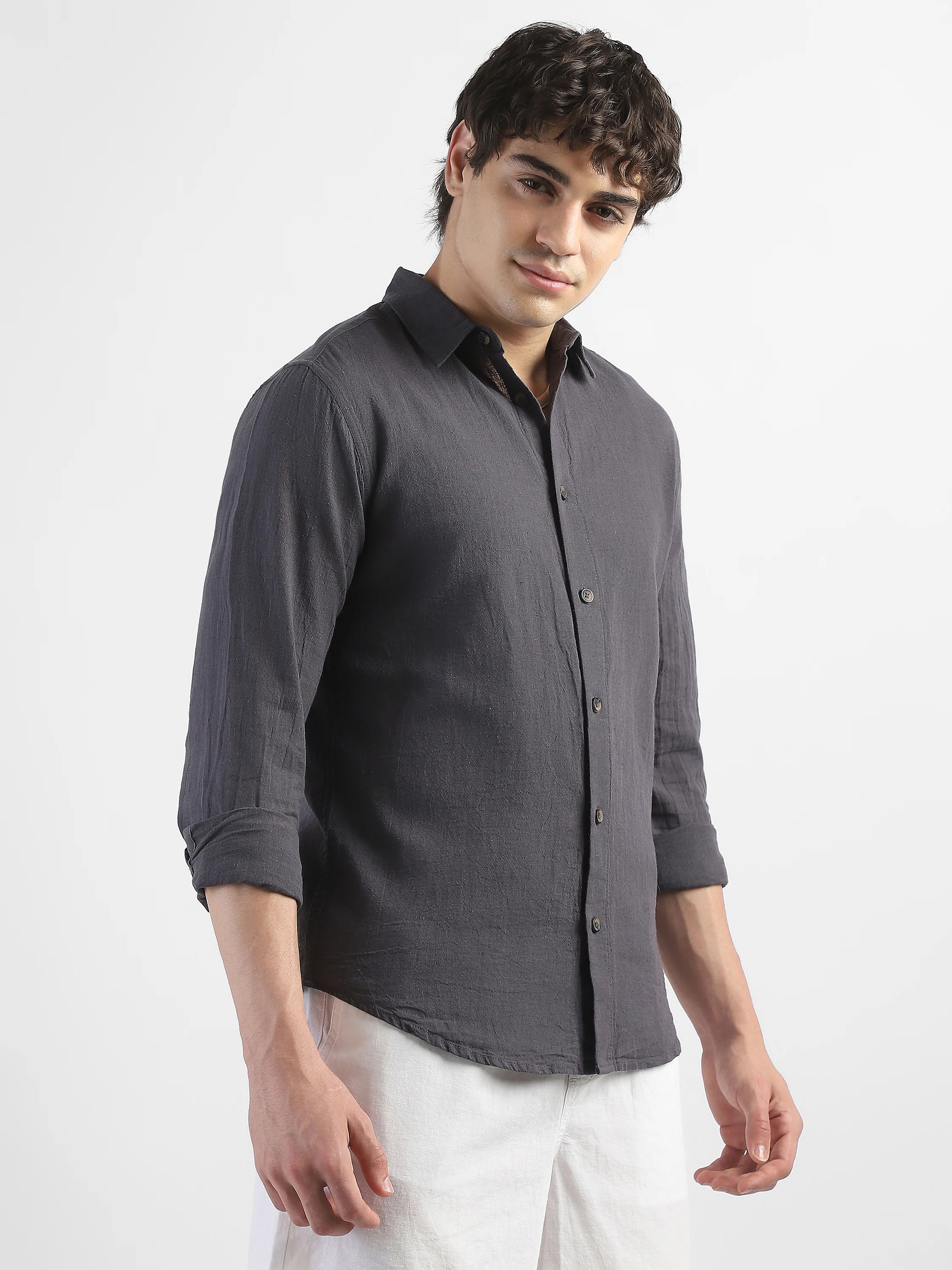 Men Linen Blend Dark Grey Shirt - Image 2