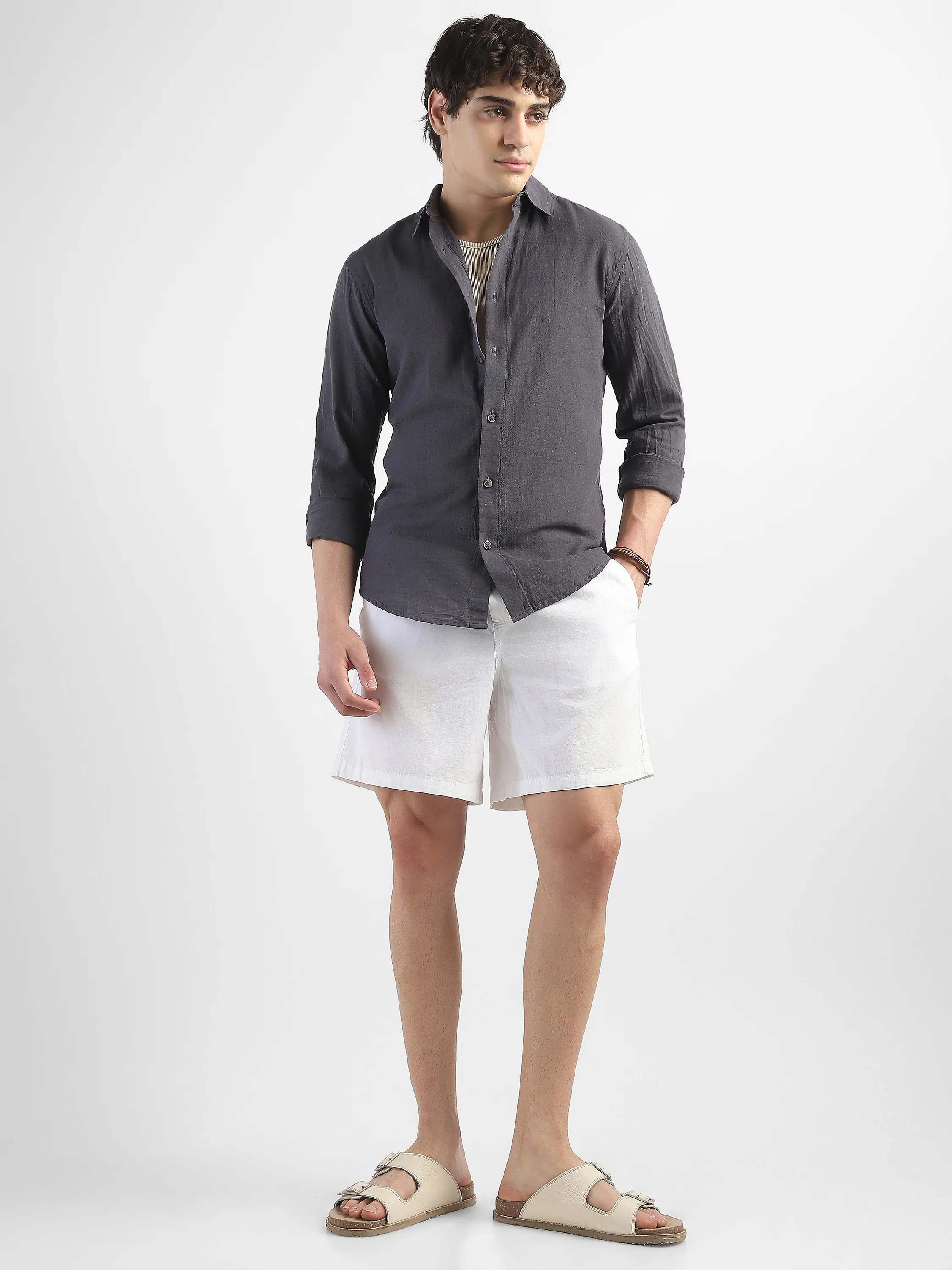 Men Linen Blend Dark Grey Shirt - Image 3