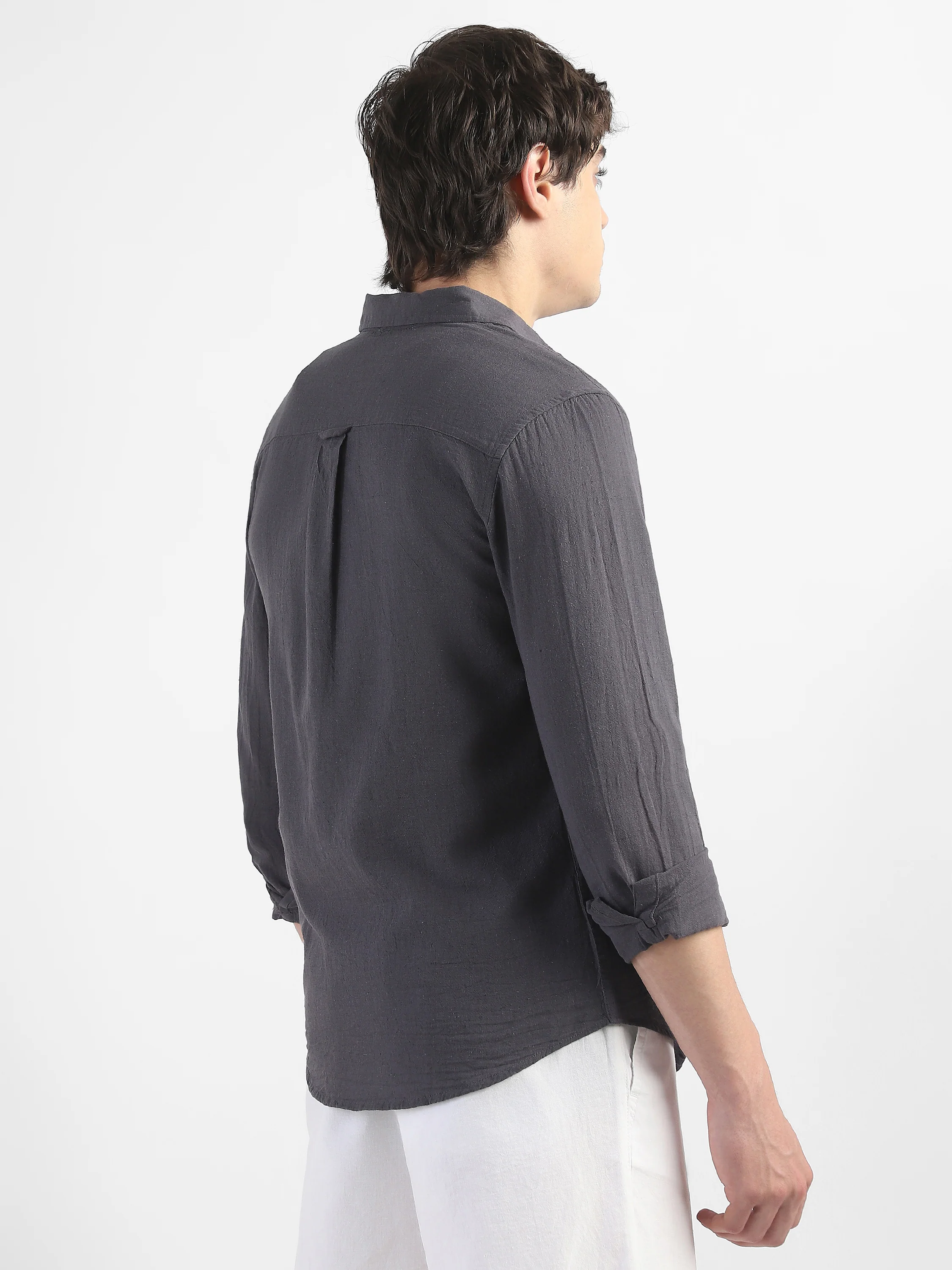 Men Linen Blend Dark Grey Shirt - Image 4