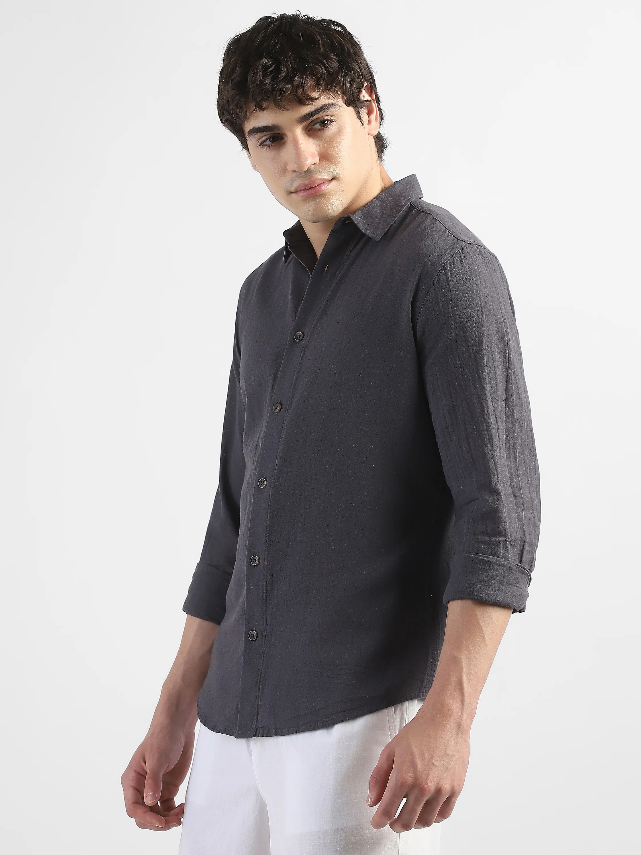 Men Linen Blend Dark Grey Shirt - Image 5