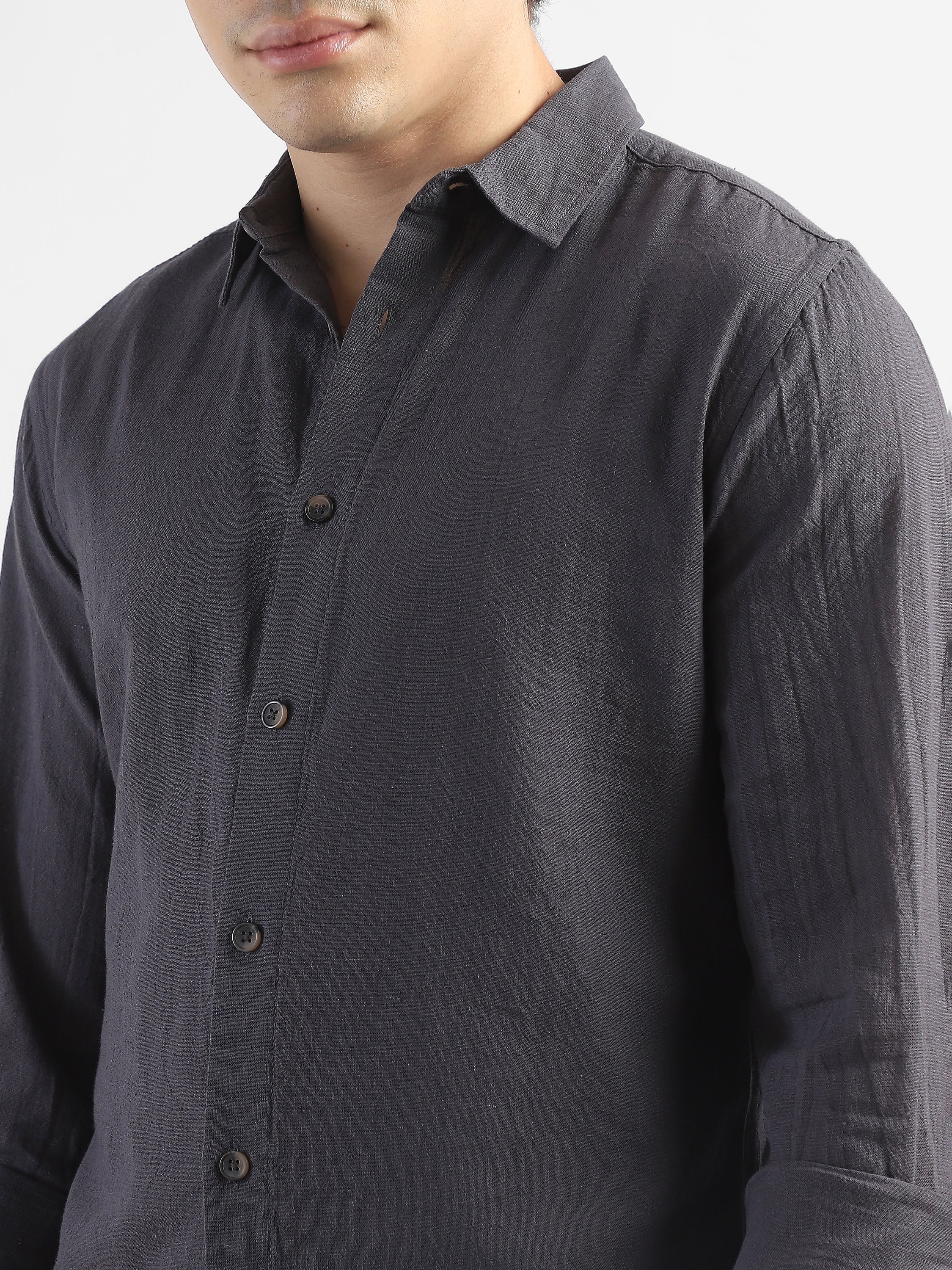 Men Linen Blend Dark Grey Shirt - Image 6