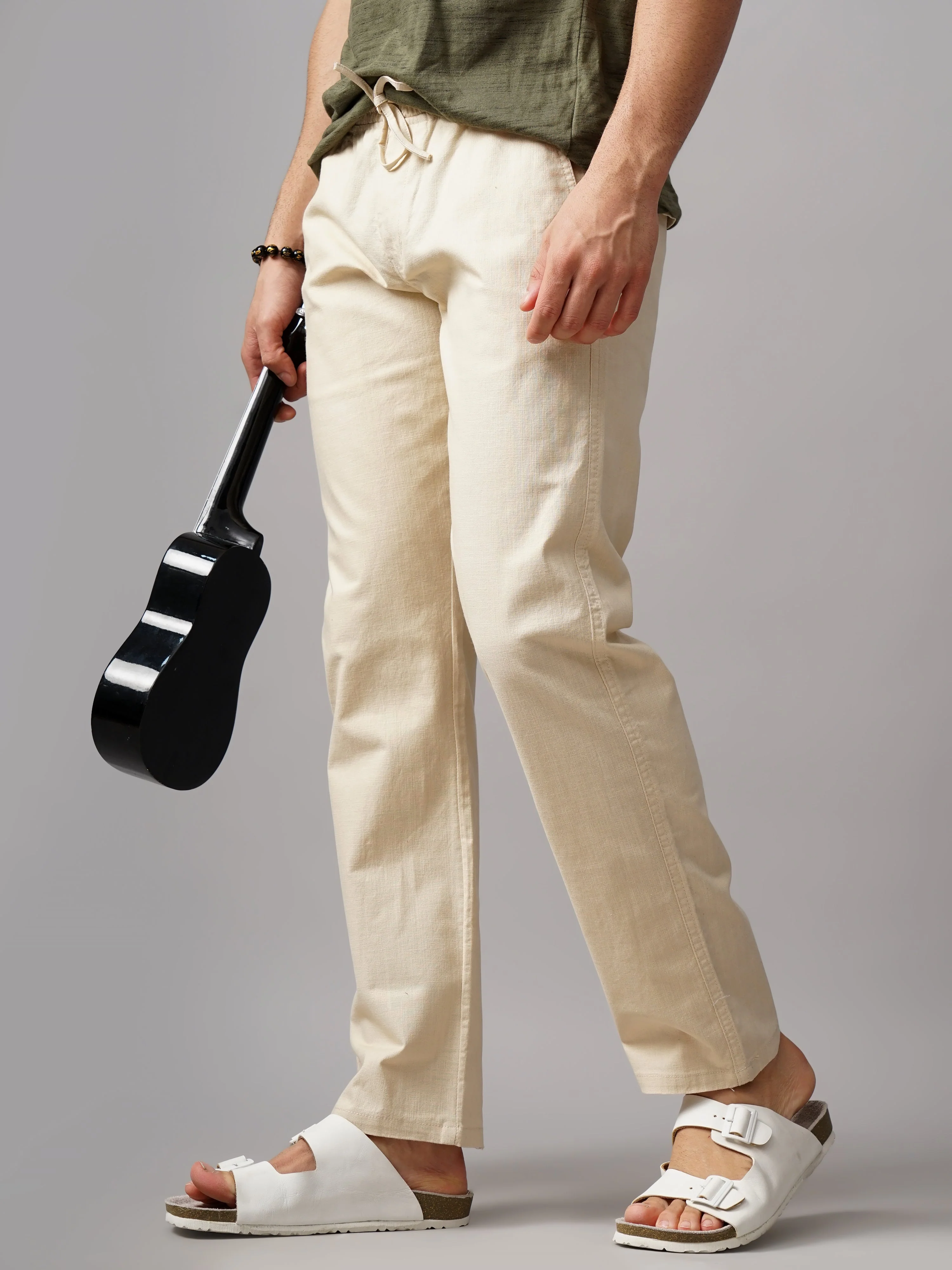 Men Linen Breeze Fit Beige Trouser - Image 3