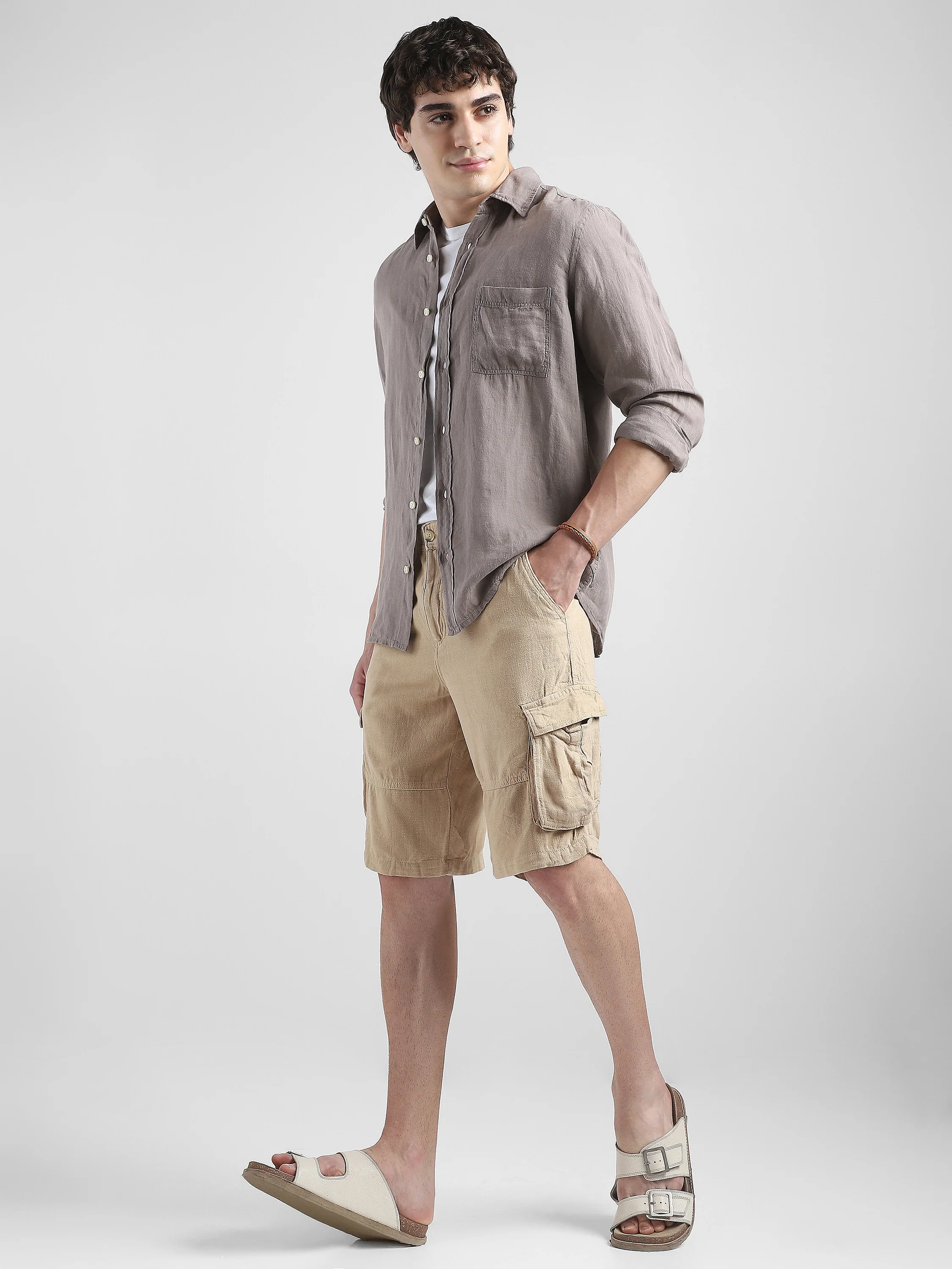 Men 100% Linen Brown Regular Fit Shirt - Image 2