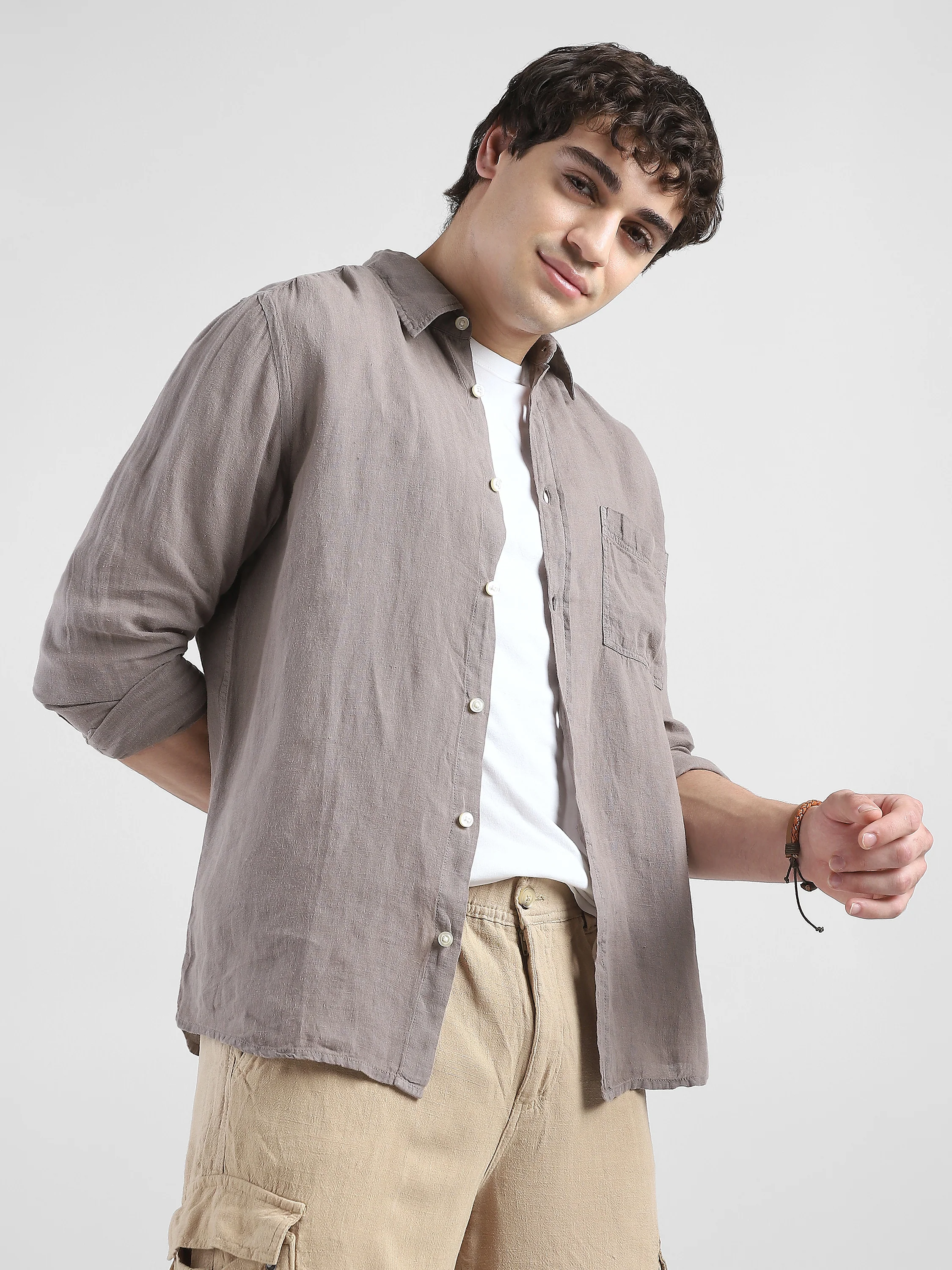 Men 100% Linen Brown Regular Fit Shirt - Image 4
