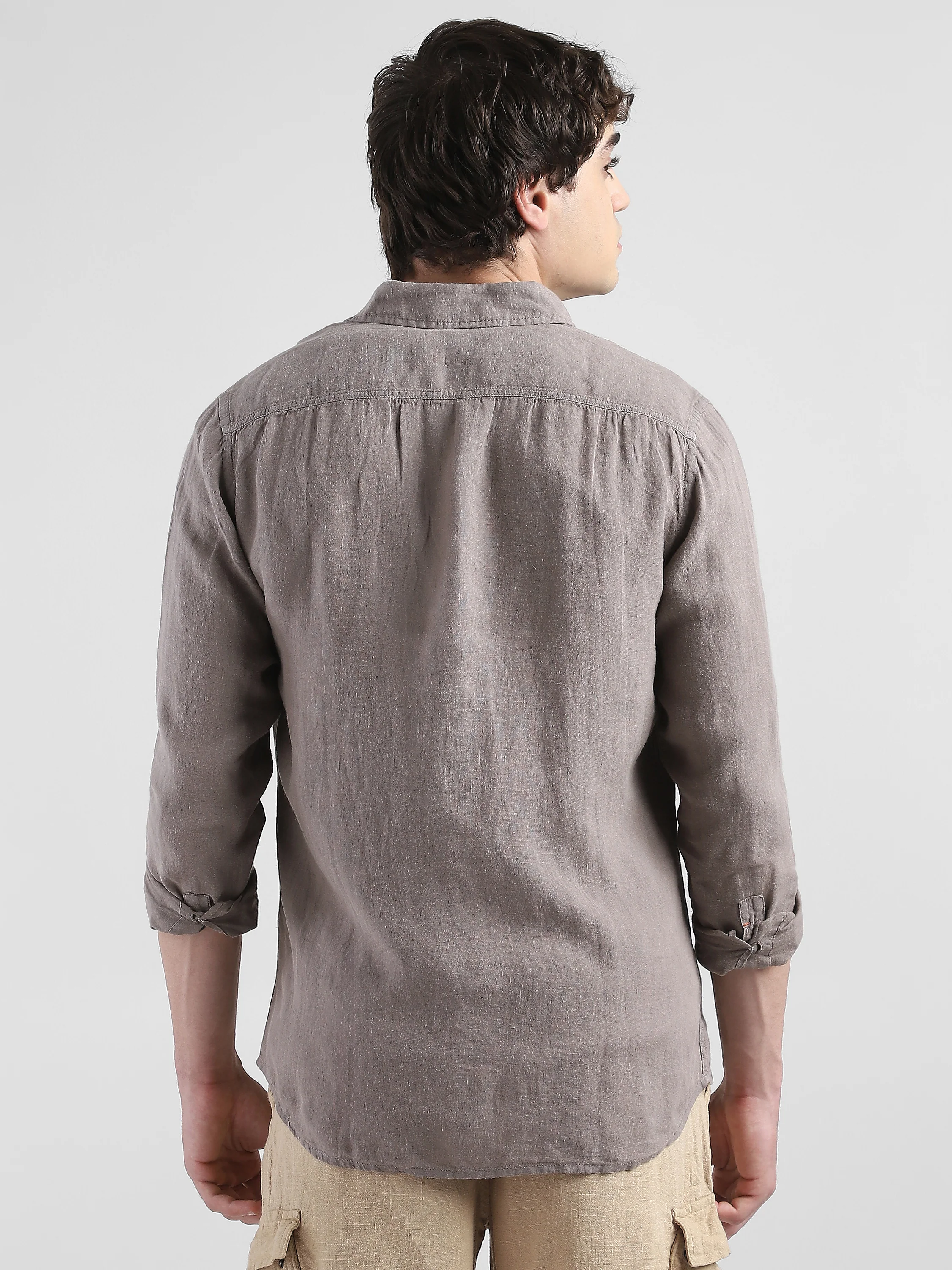 Men 100% Linen Brown Regular Fit Shirt - Image 5