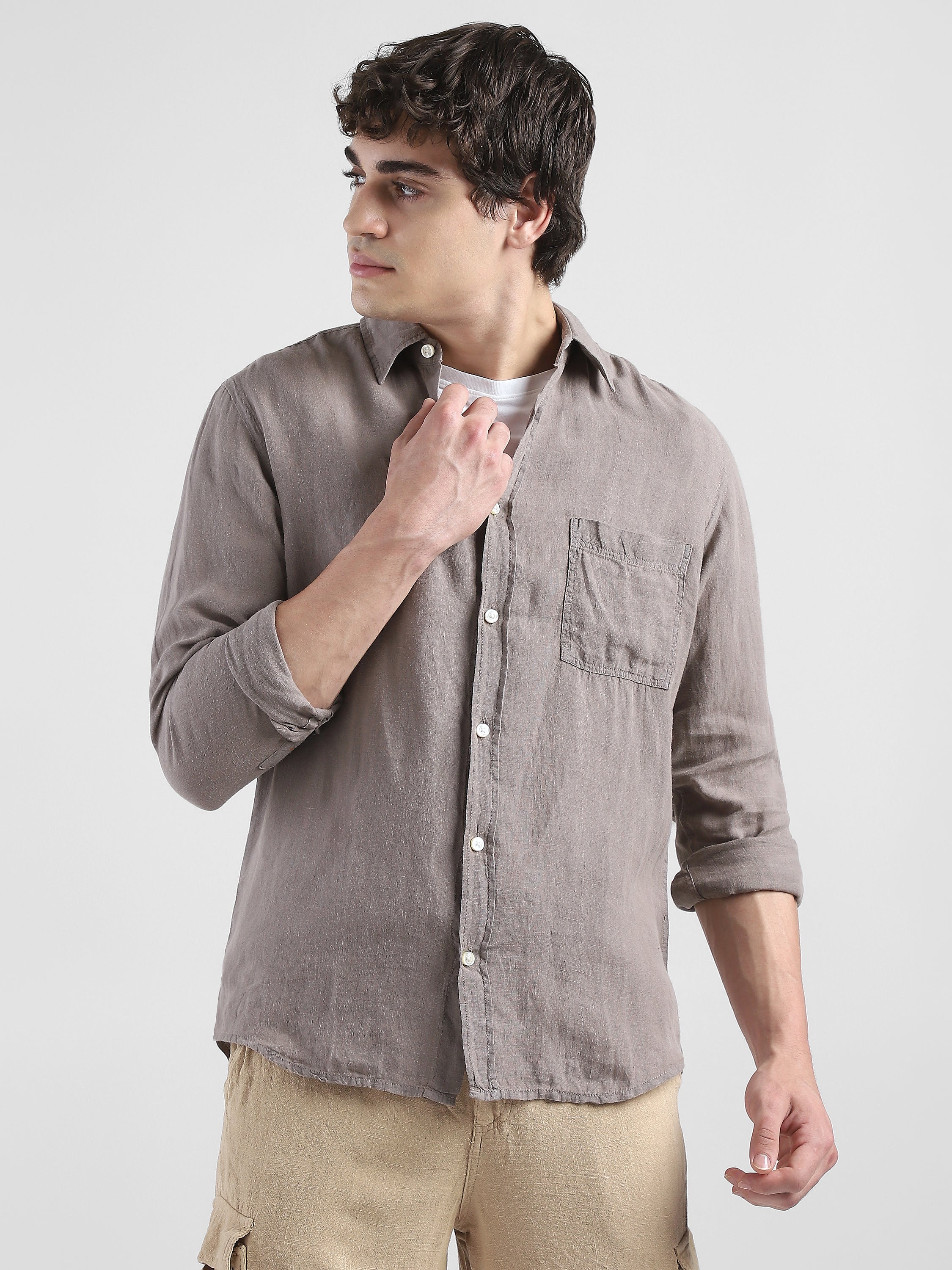 Men 100% Linen Brown Regular Fit Shirt - Image 6