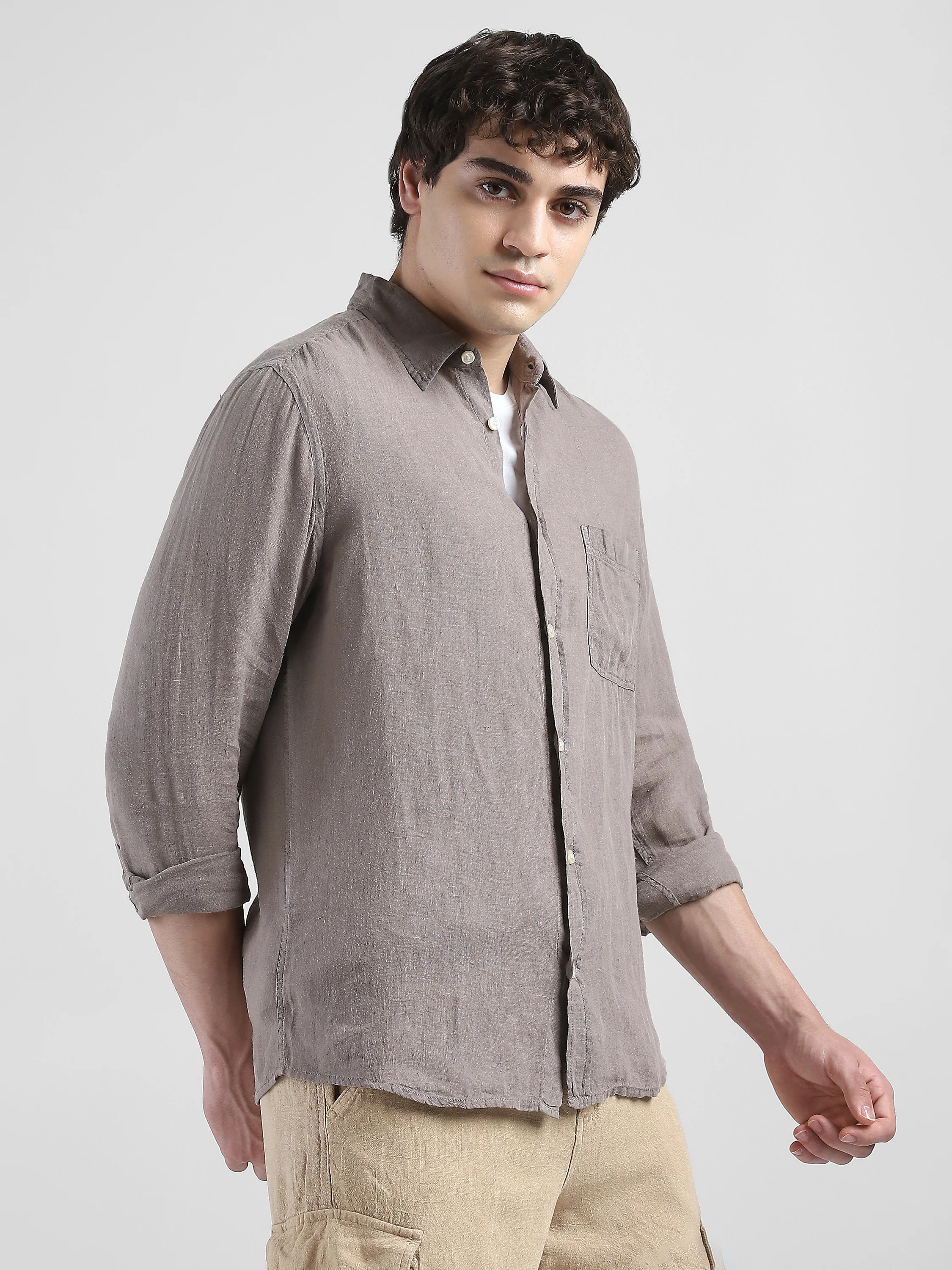 Men 100% Linen Brown Regular Fit Shirt - Image 7