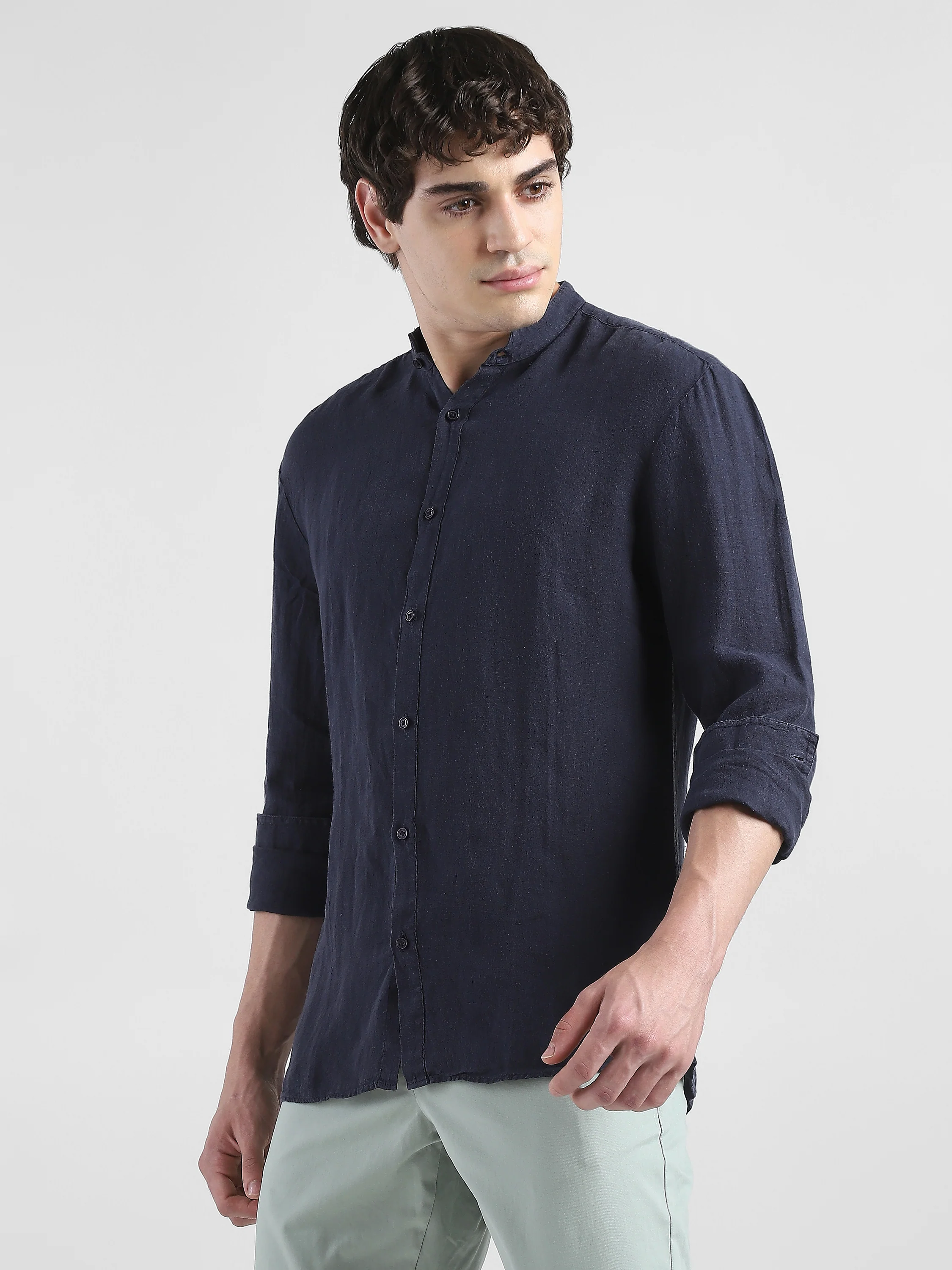 Men 100% Linen Navy Regular Fit  Shirt - Image 5