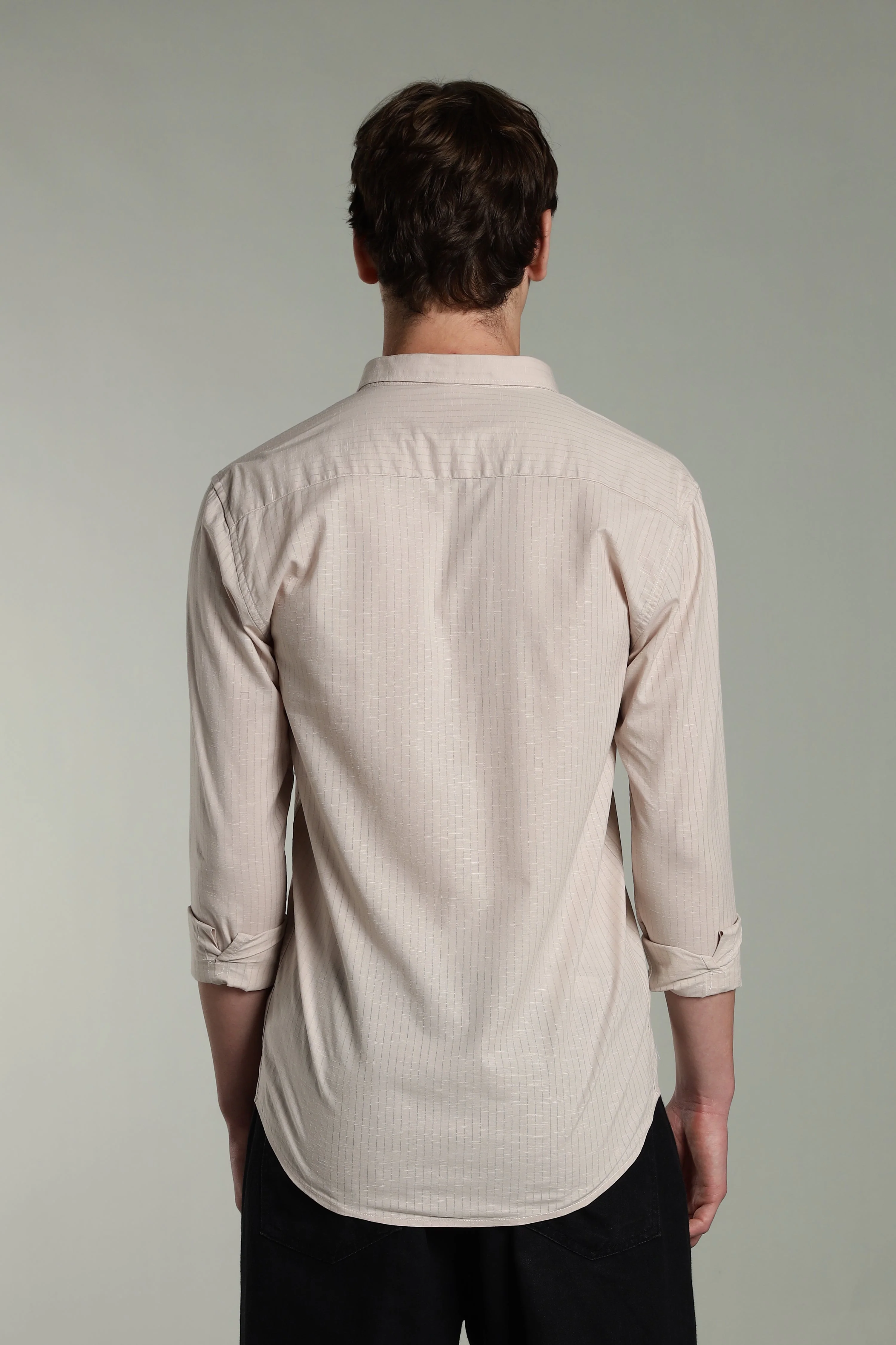 Men Linen Pin Striped Beige Shirt - Image 2