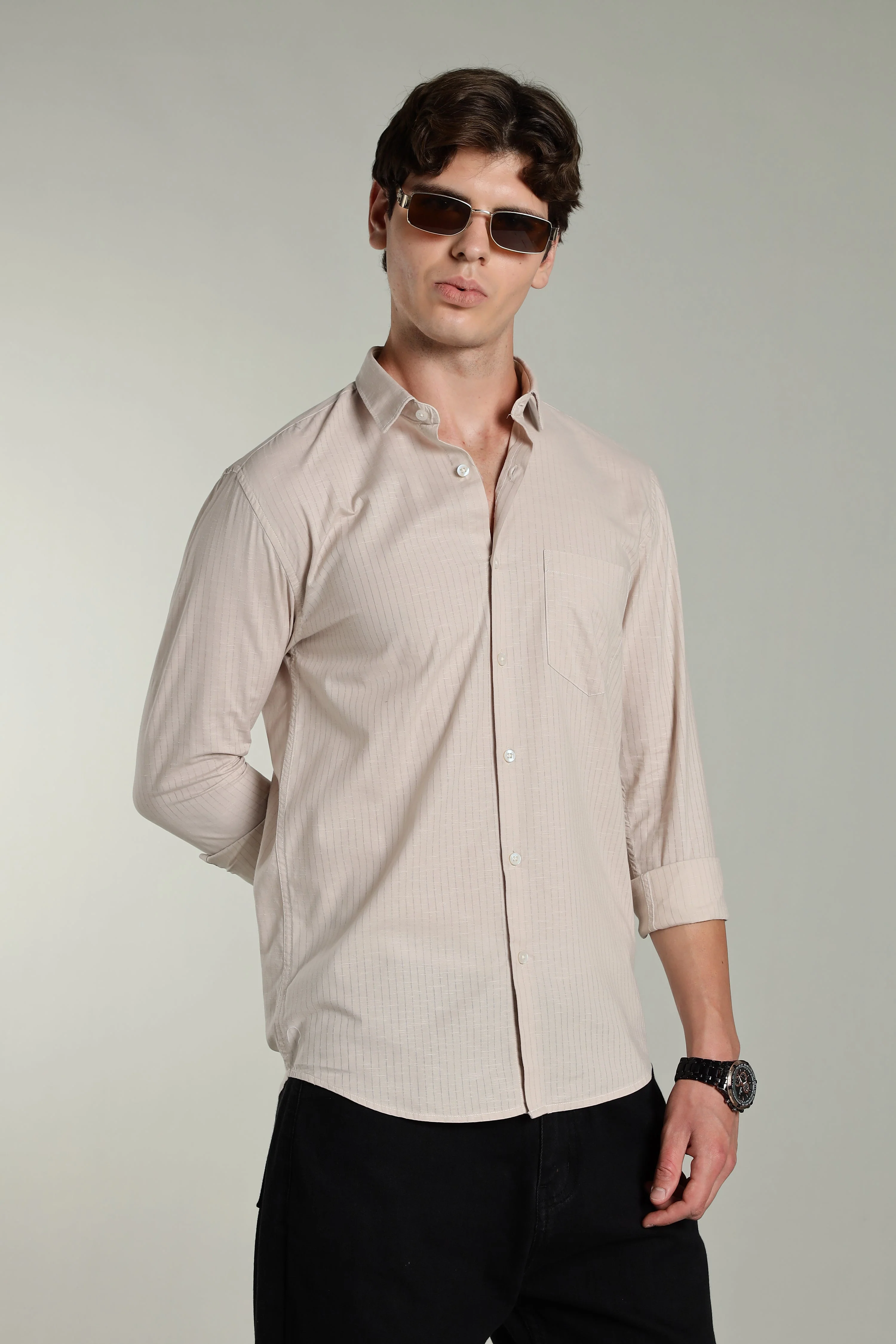 Men Linen Pin Striped Beige Shirt - Image 3