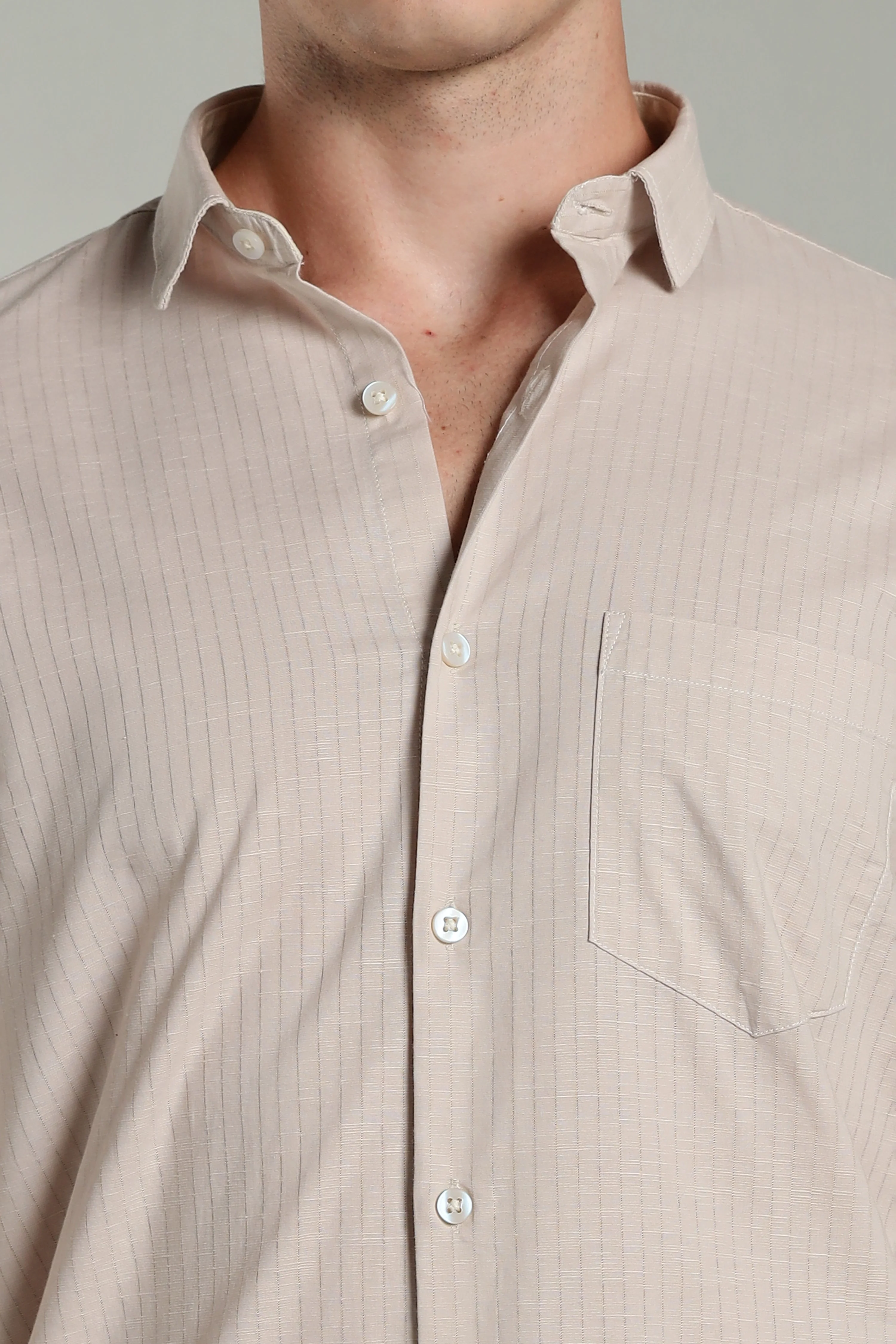Men Linen Pin Striped Beige Shirt - Image 4