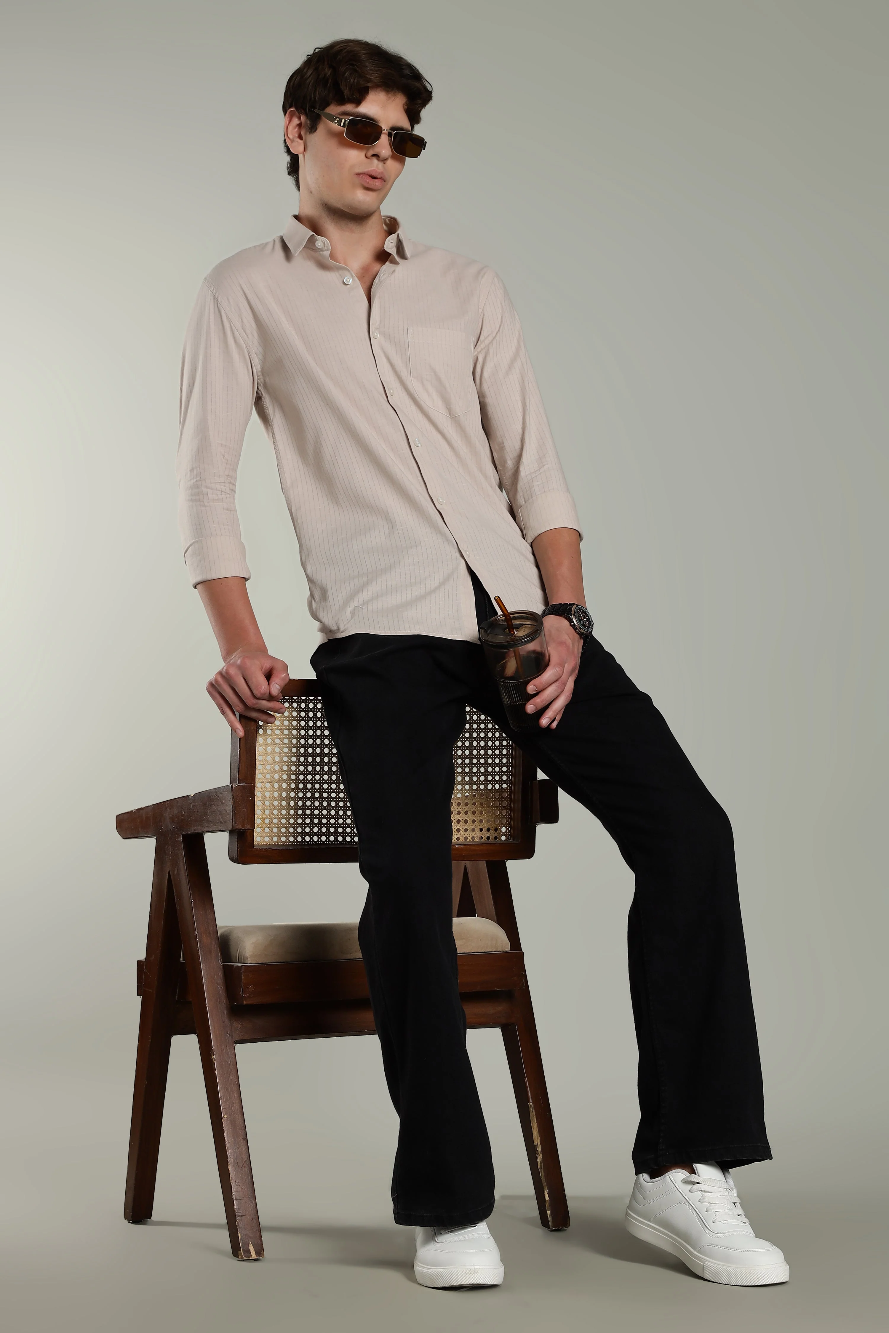 Men Linen Pin Striped Beige Shirt - Image 5