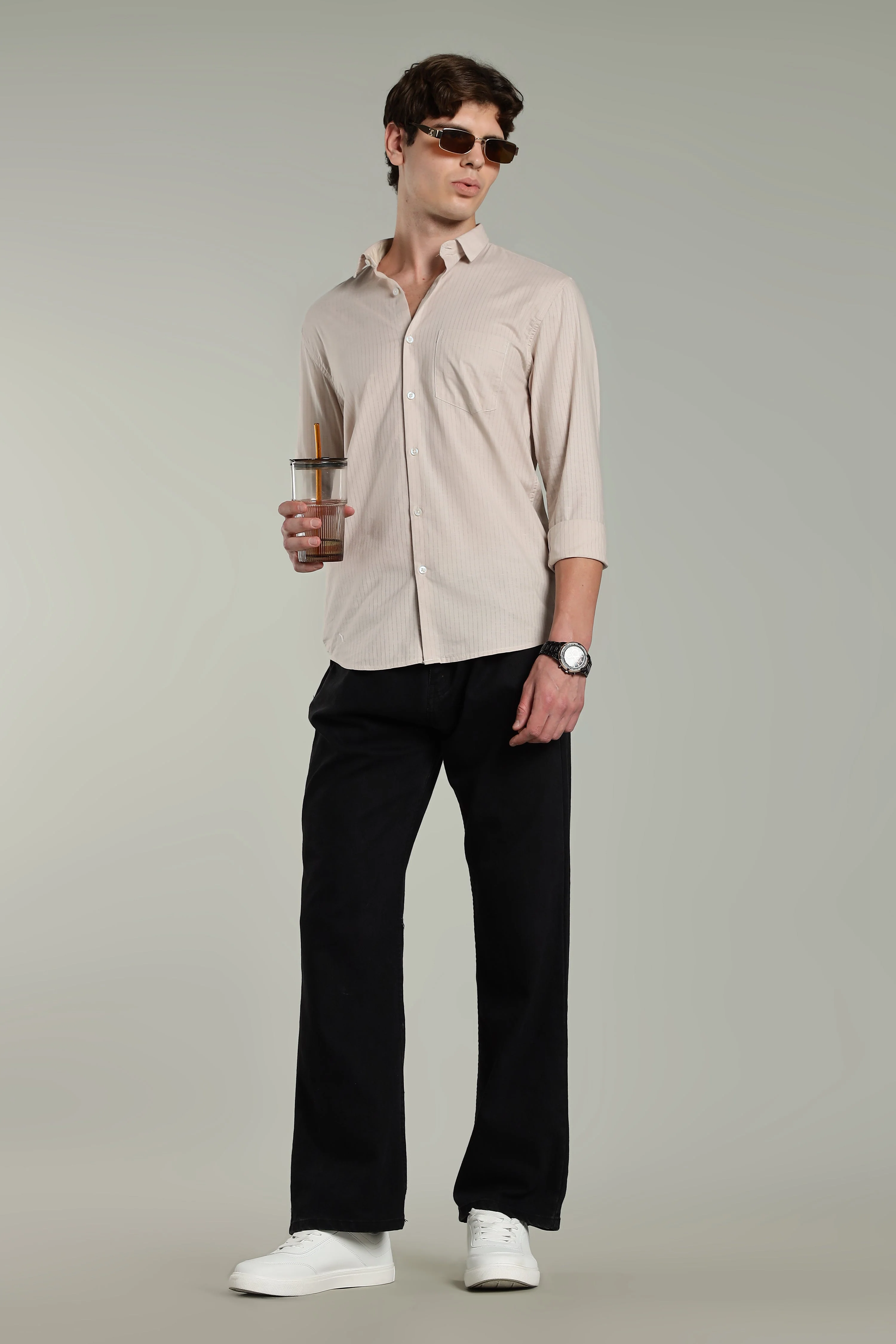 Men Linen Pin Striped Beige Shirt - Image 6