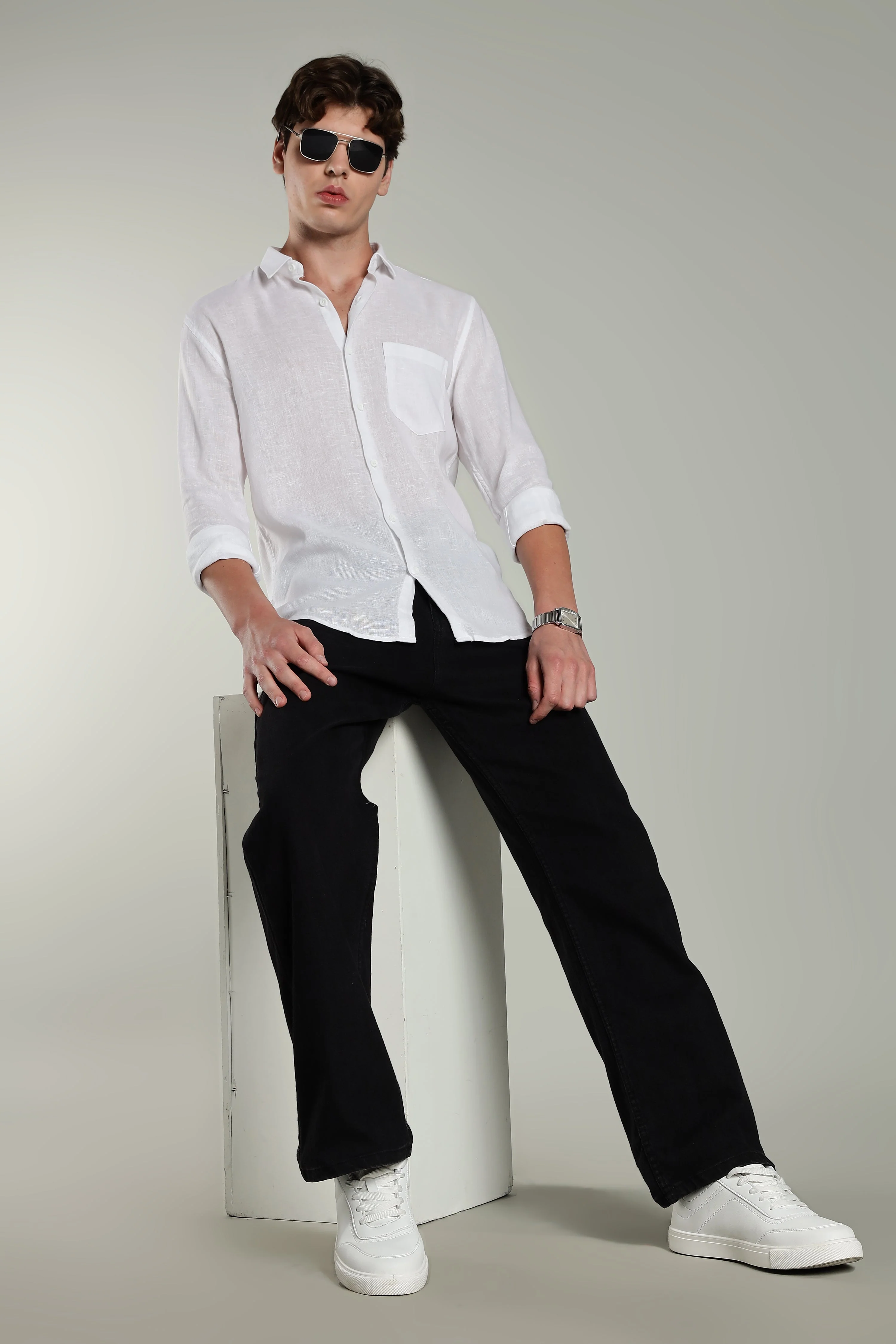 Men Linen Pin Striped Beige Shirt - Image 7