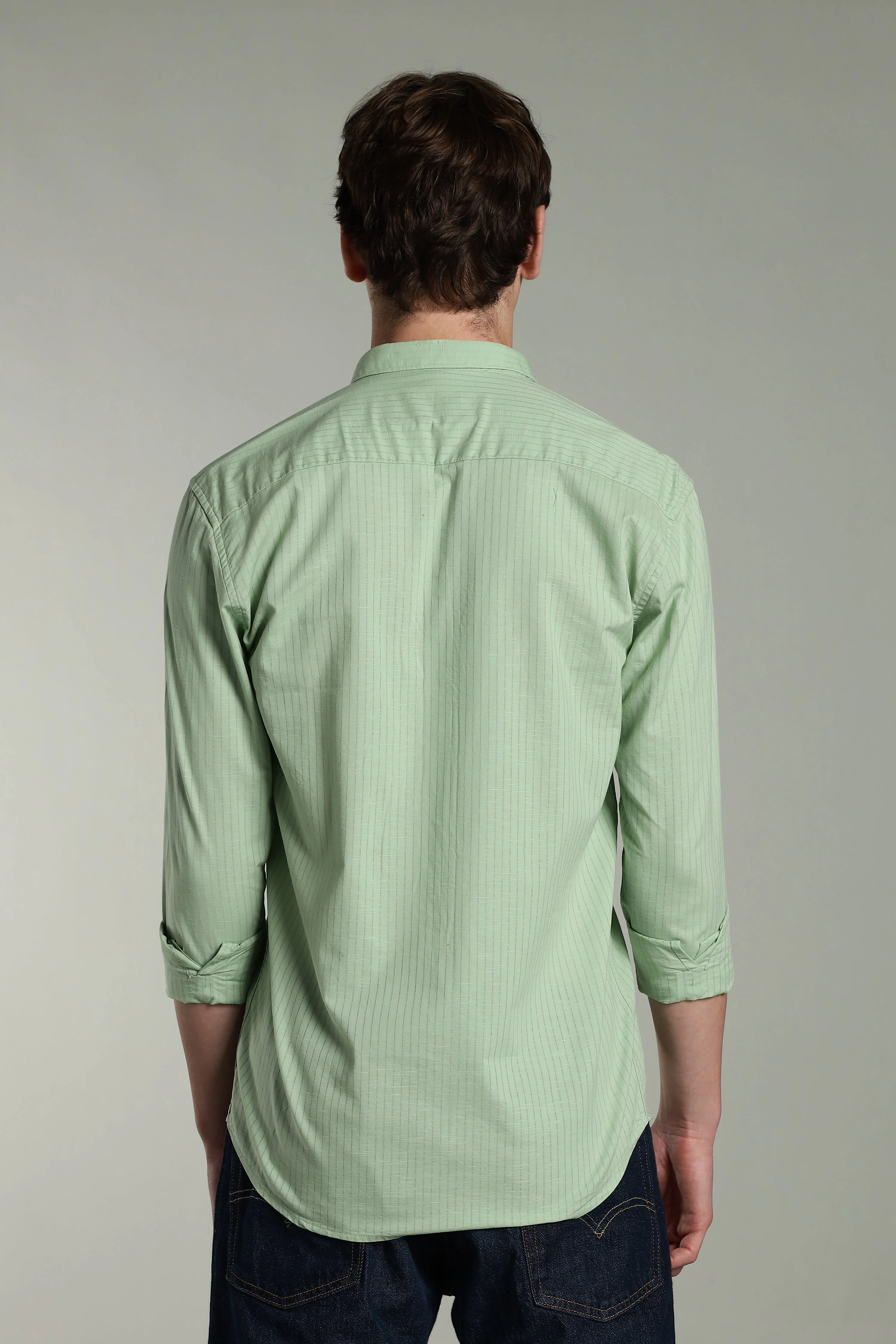 Men Linen Pin Striped Green Shirt - Image 2