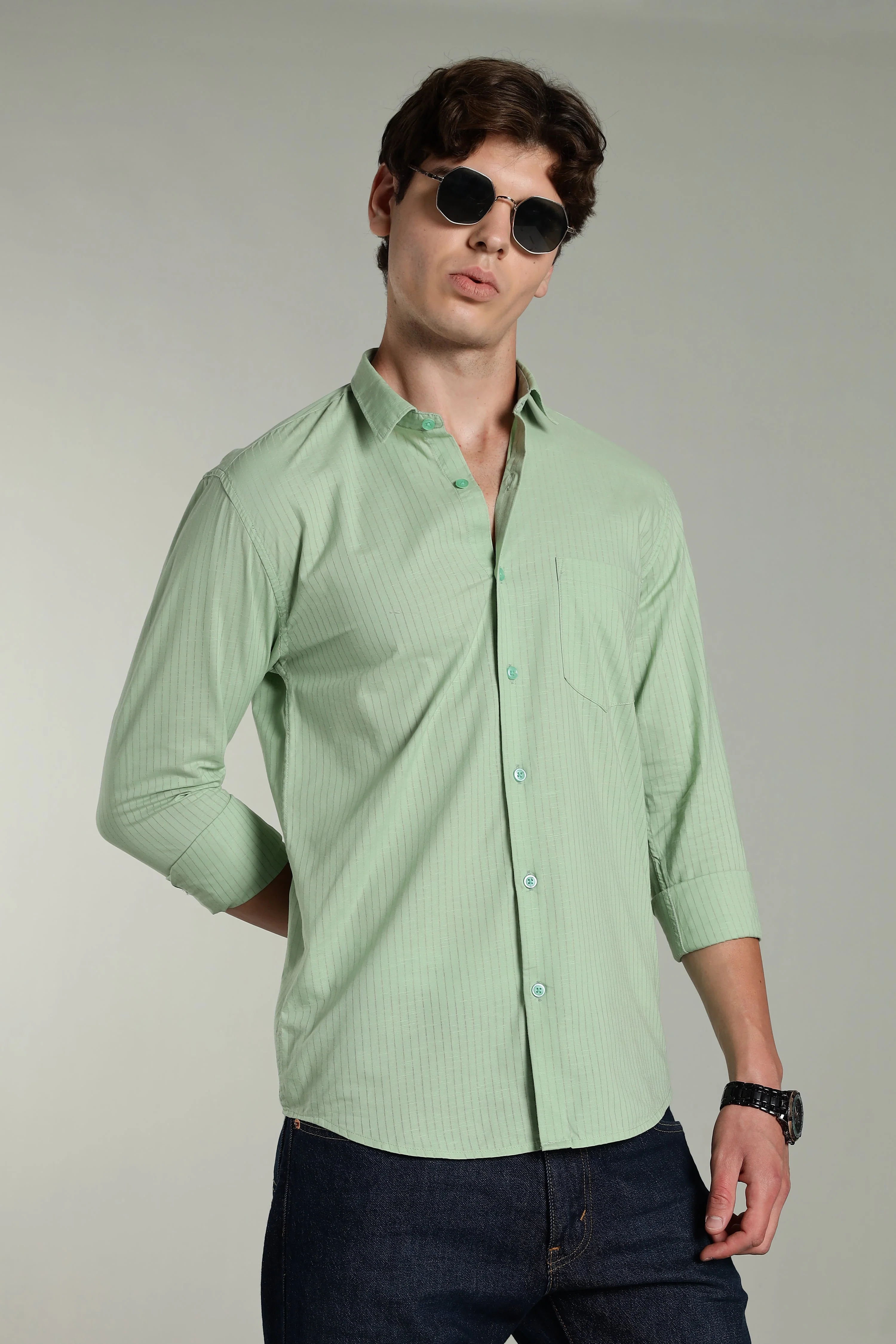 Men Linen Pin Striped Green Shirt - Image 3