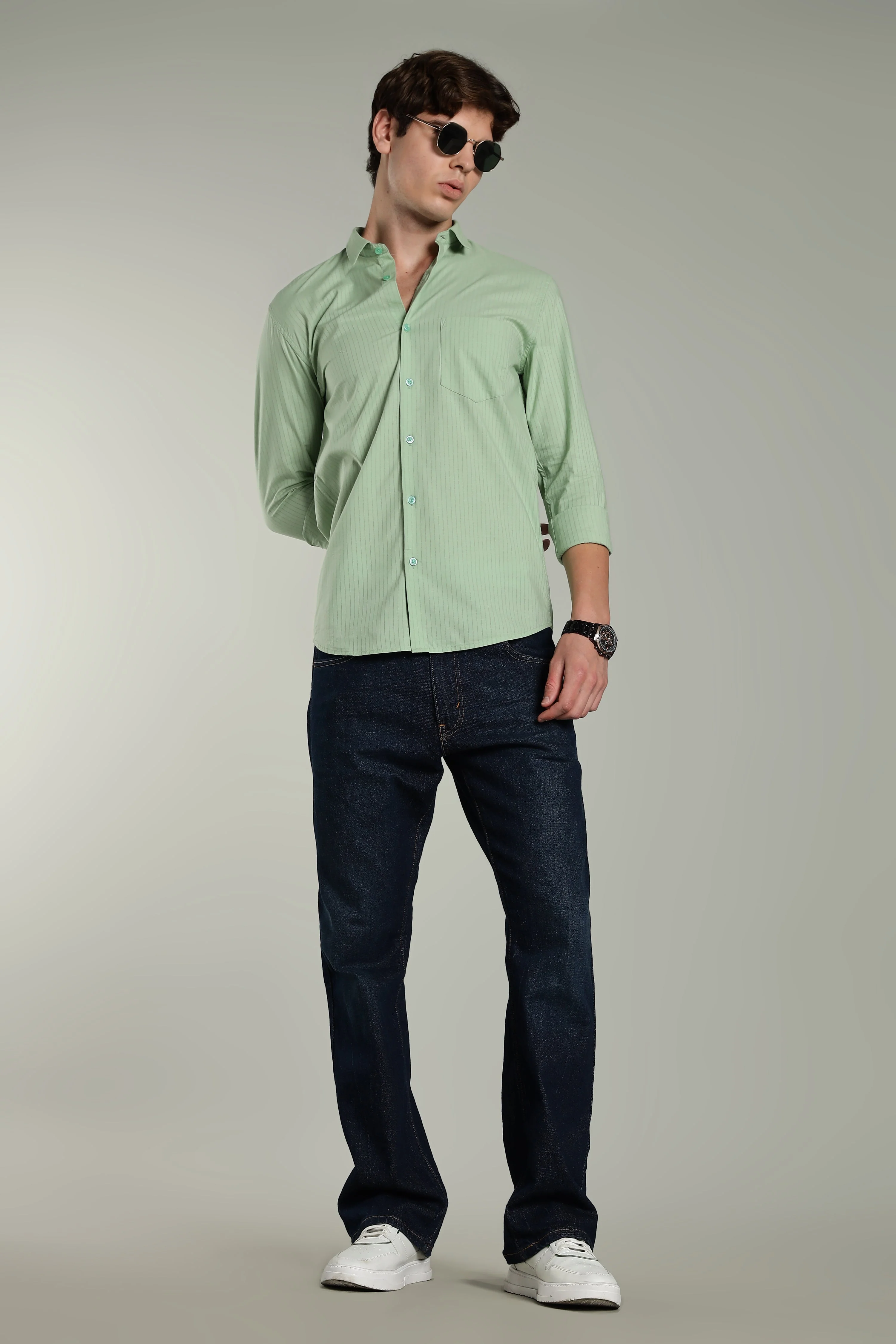 Men Linen Pin Striped Green Shirt - Image 5