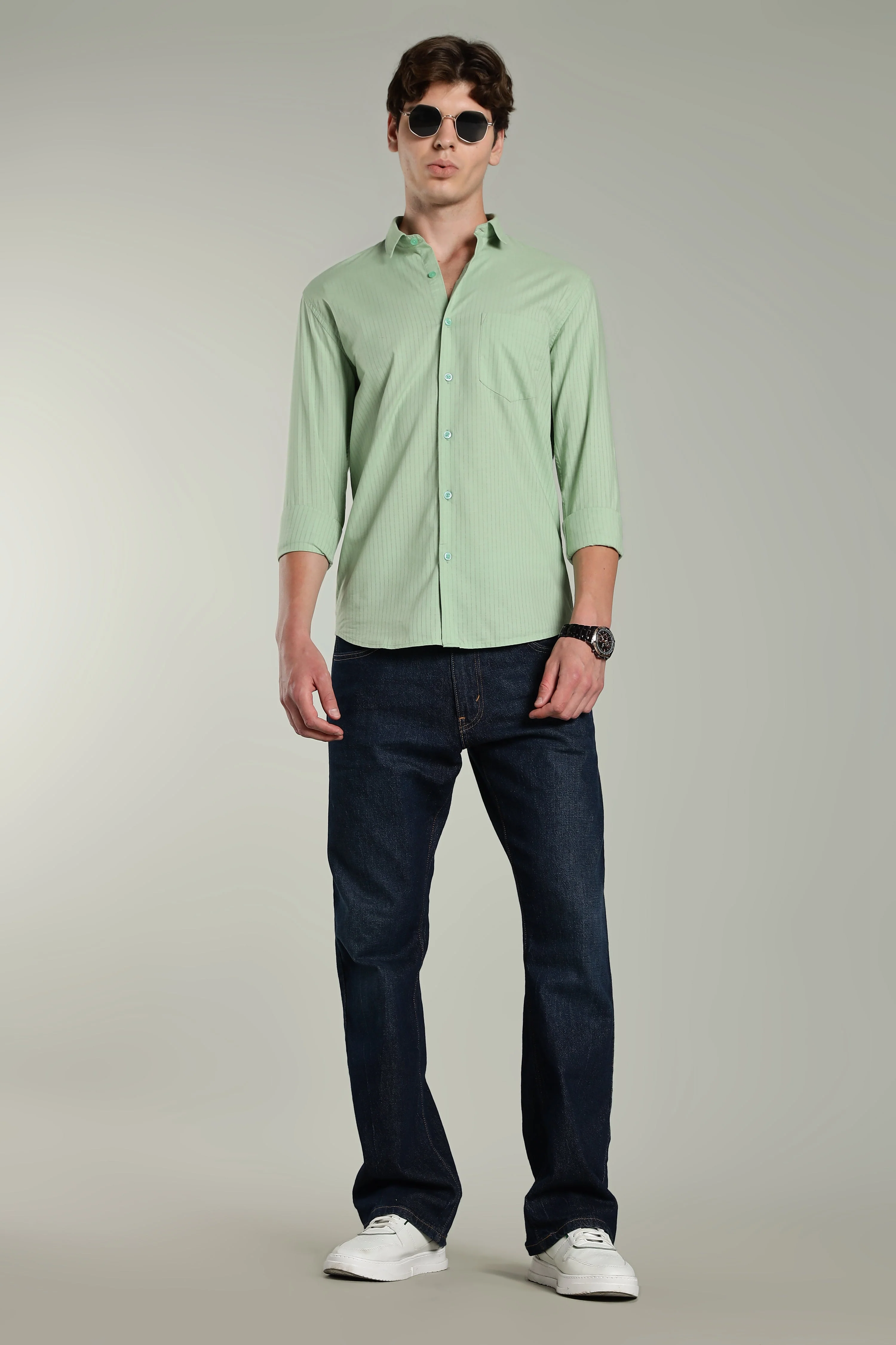 Men Linen Pin Striped Green Shirt - Image 6