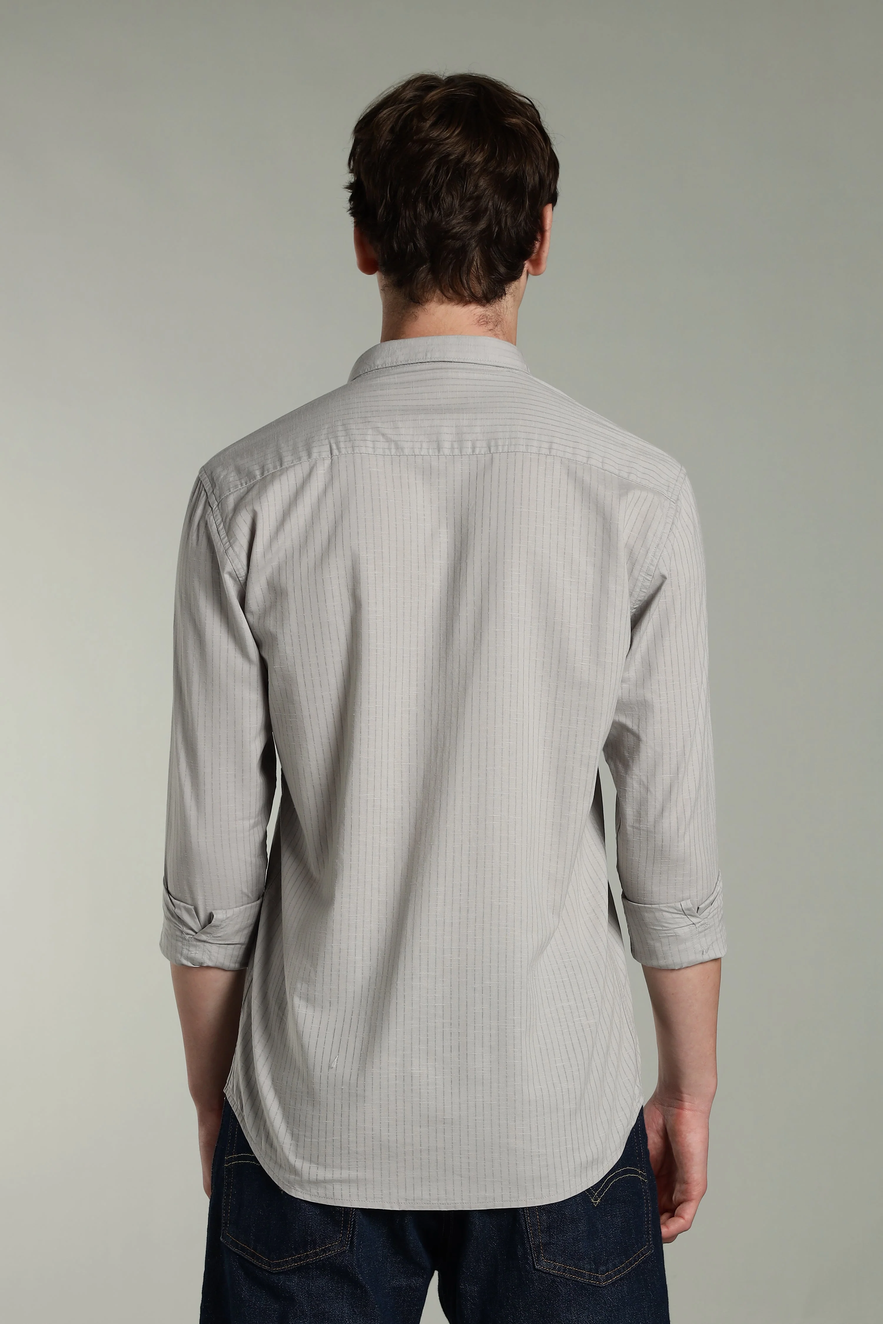 Men Linen Pin Striped Grey Shirt - Image 2
