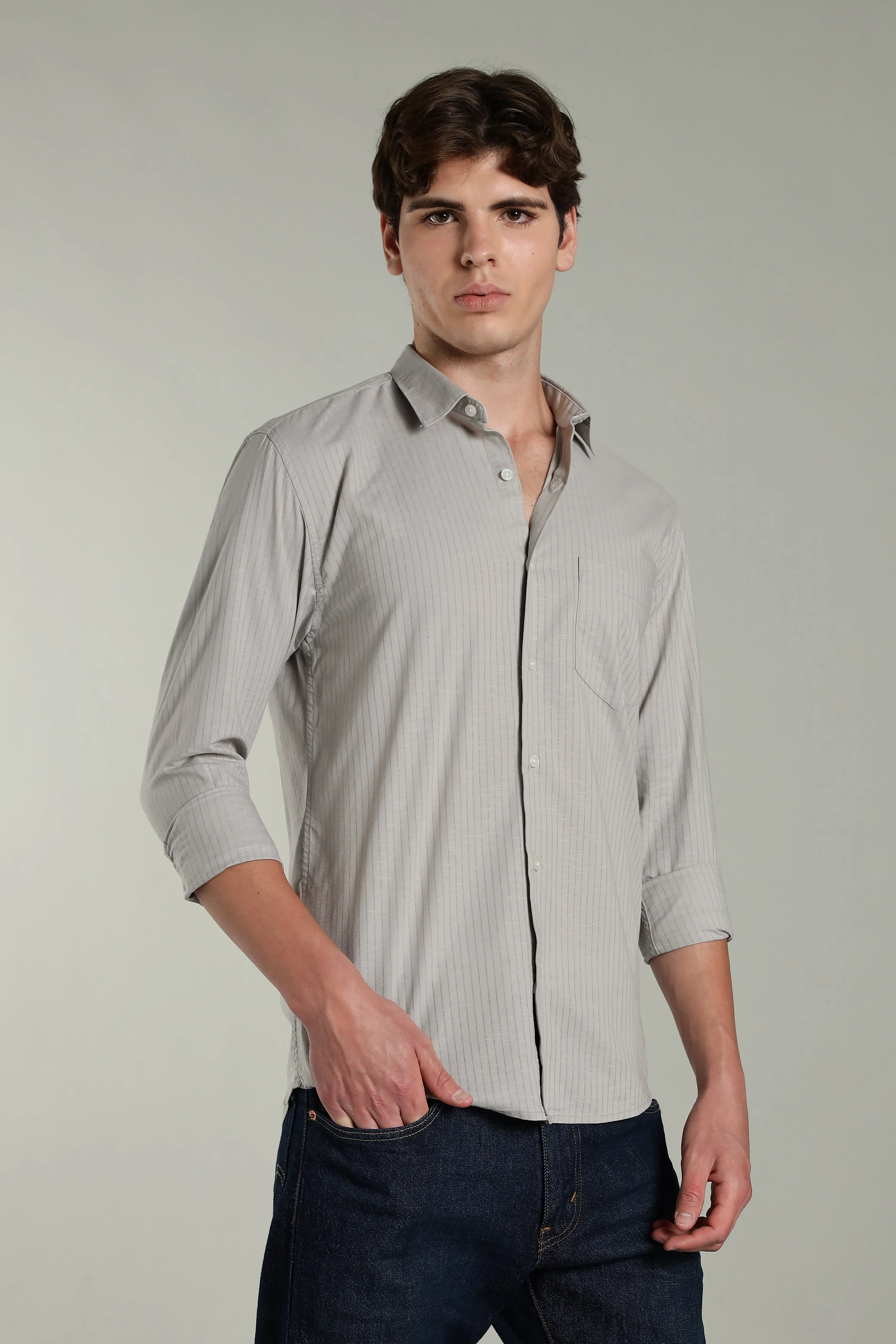 Men Linen Pin Striped Grey Shirt - Image 3