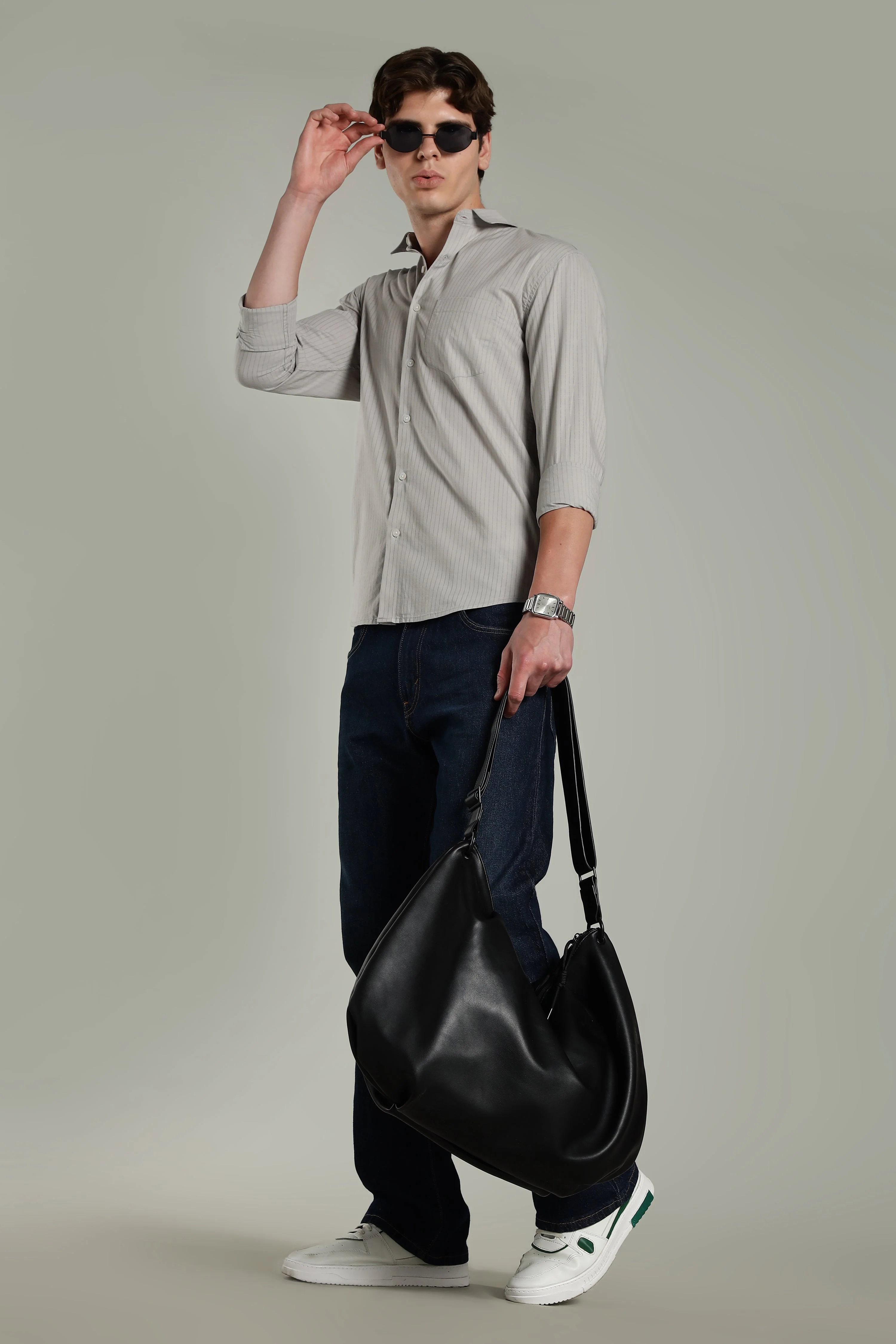 Men Linen Pin Striped Grey Shirt - Image 5
