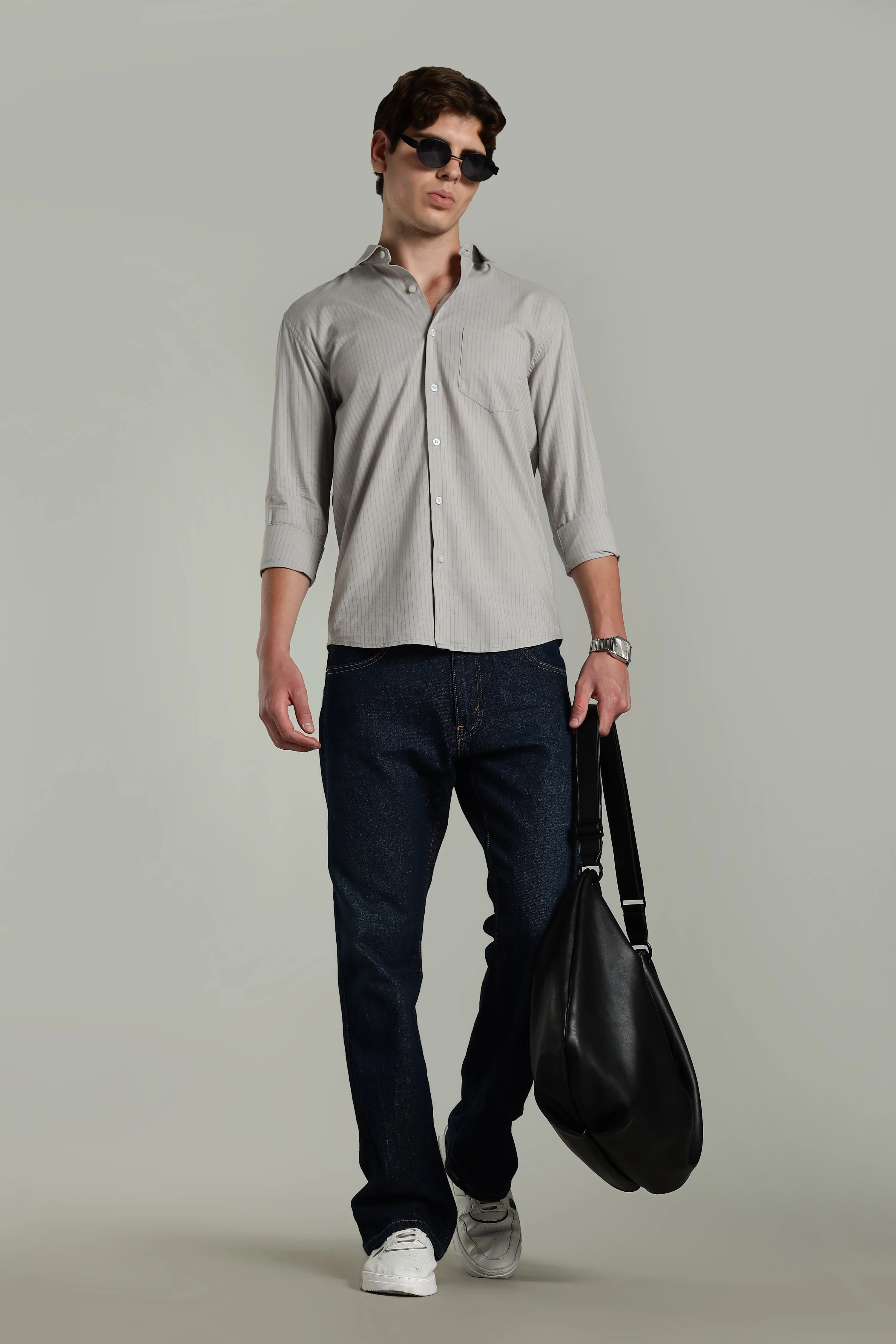 Men Linen Pin Striped Grey Shirt - Image 6