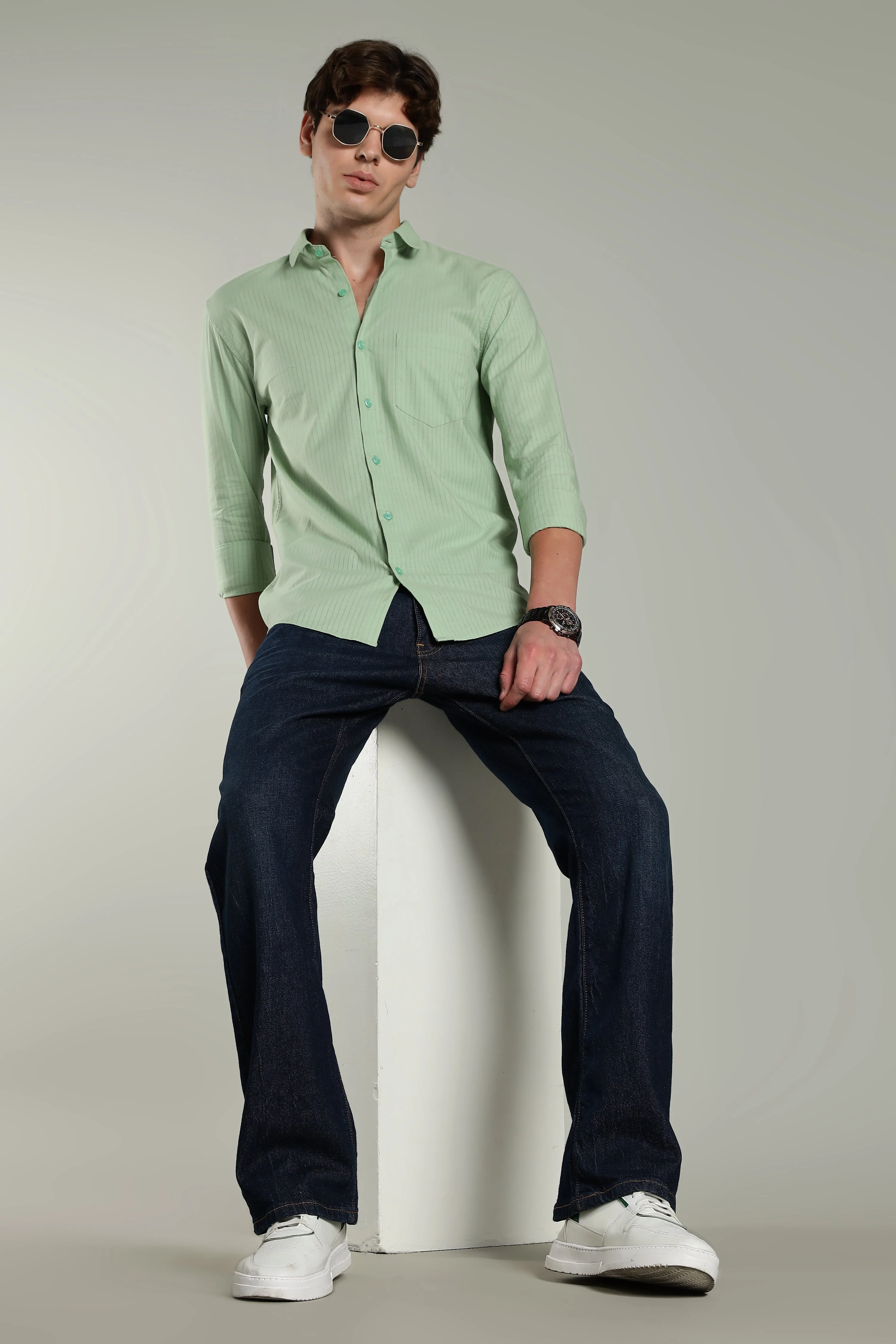 Men Linen Pin Striped Grey Shirt - Image 7