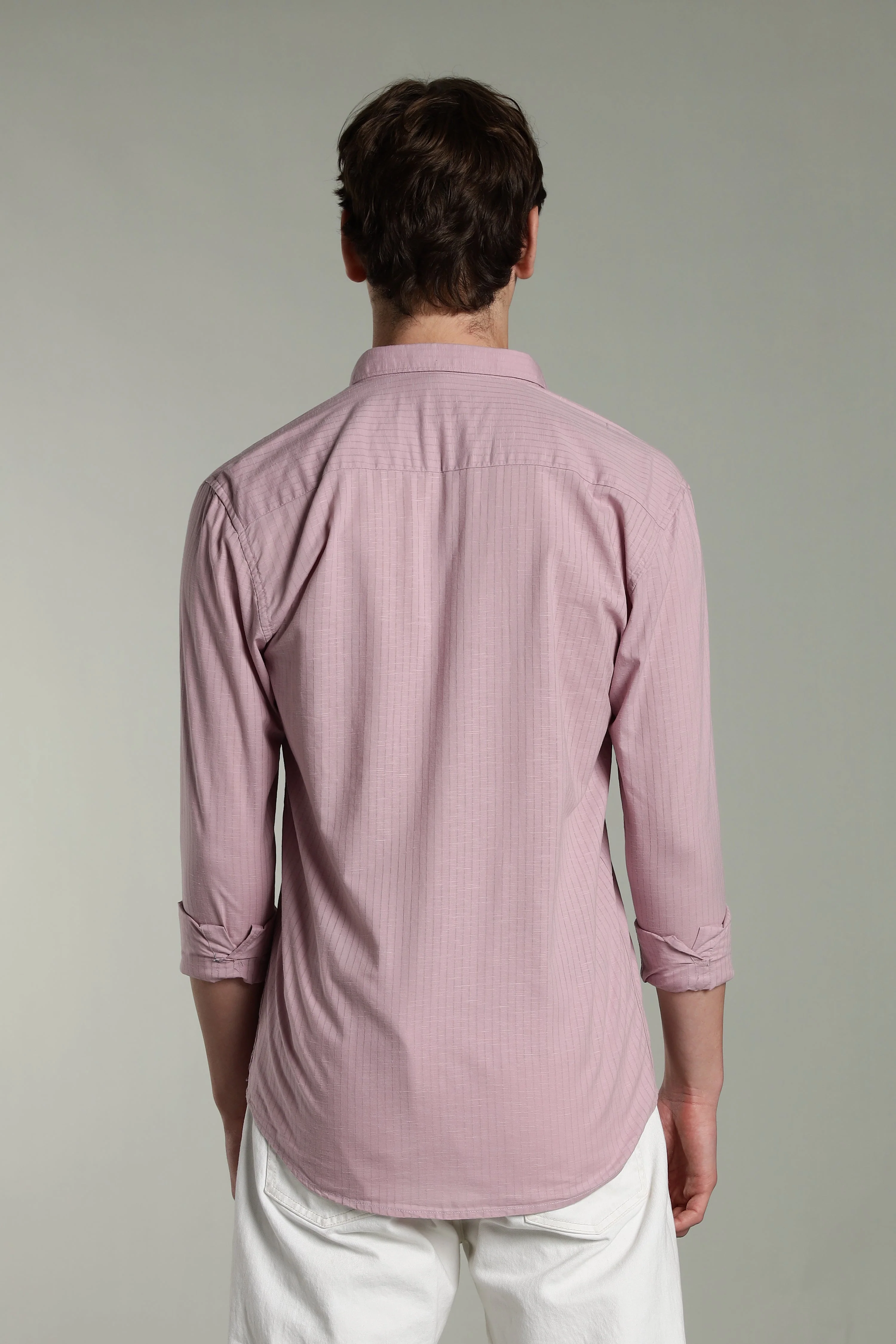 Men Linen Pin Striped Pink Shirt - Image 2