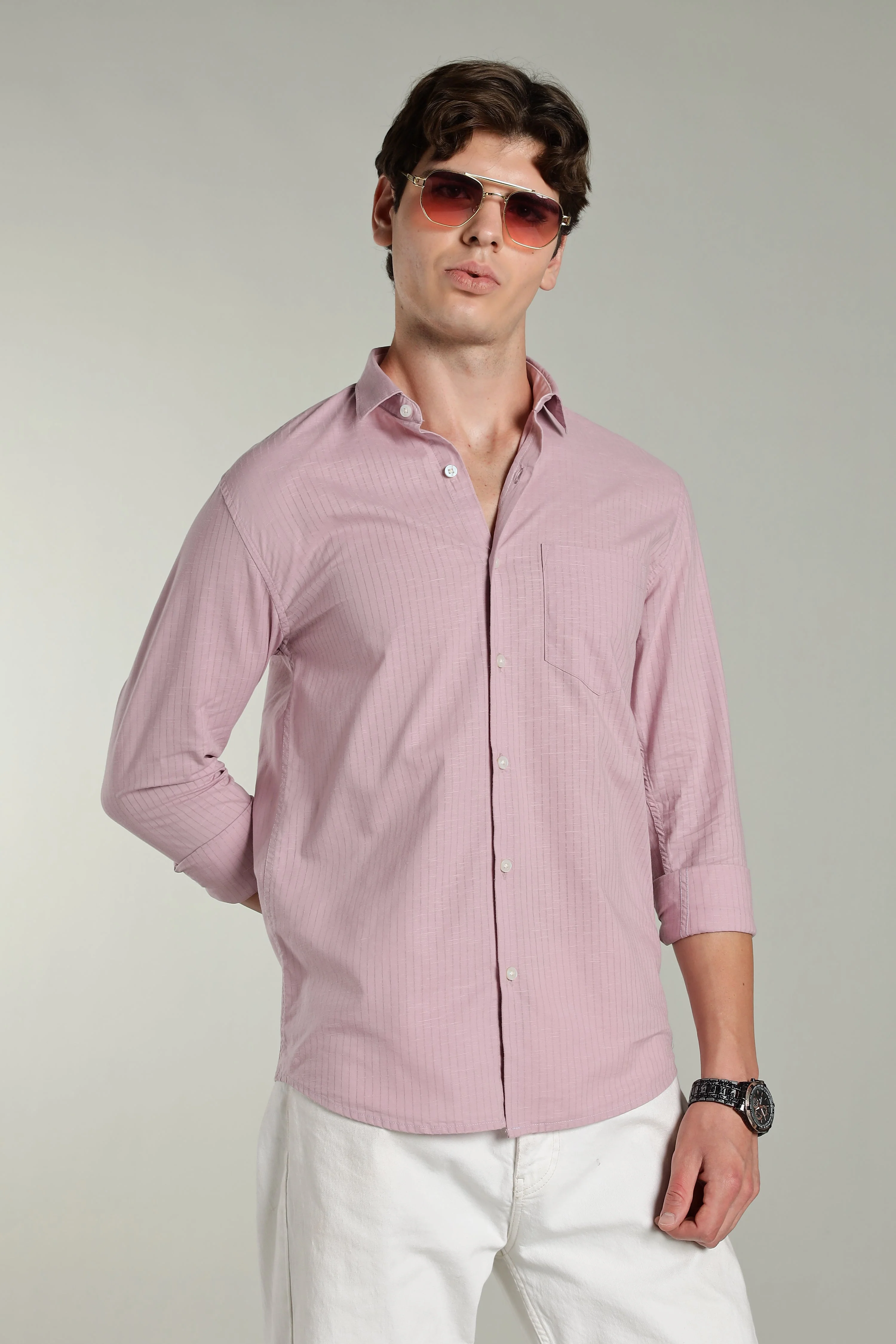 Men Linen Pin Striped Pink Shirt - Image 3