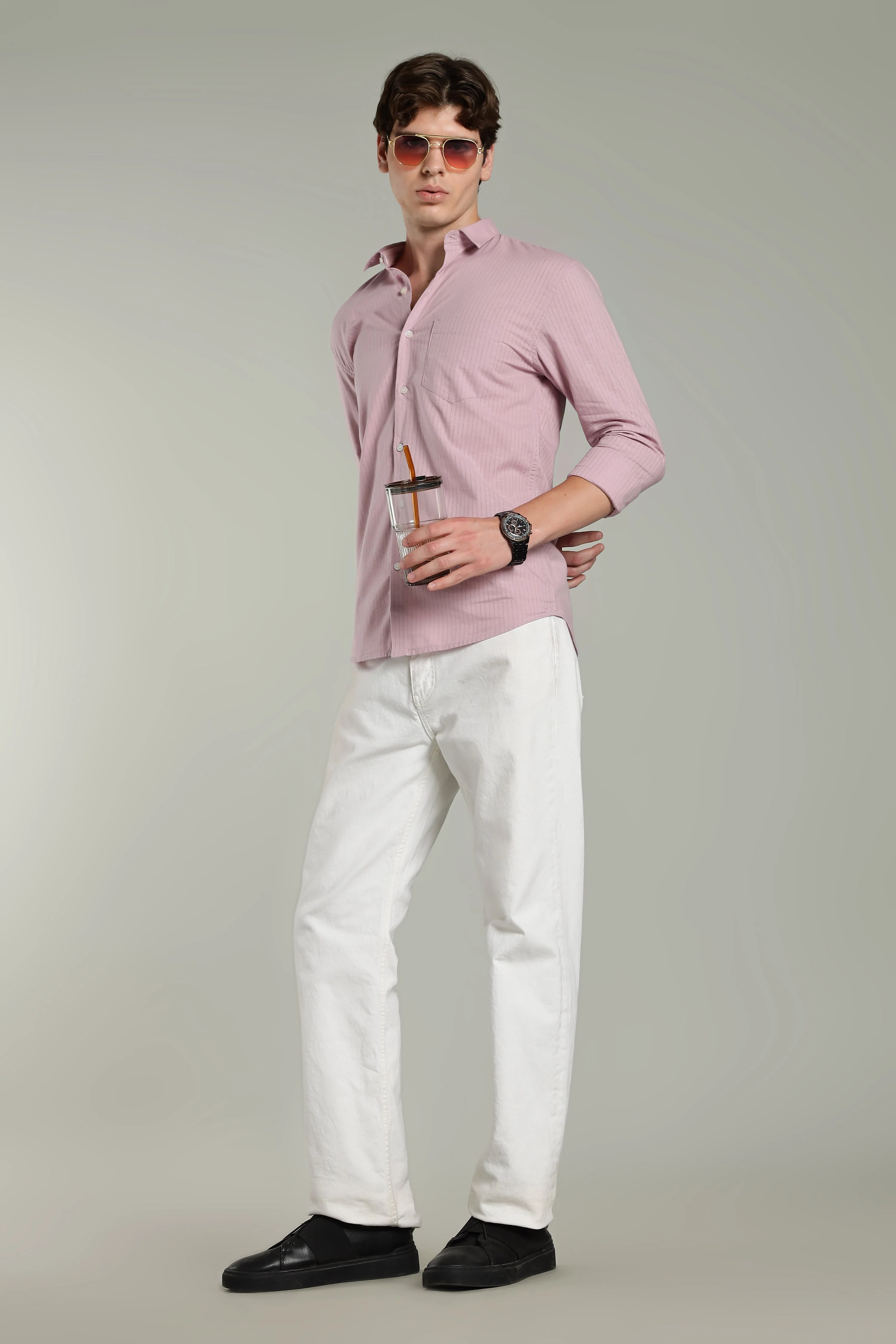 Men Linen Pin Striped Pink Shirt - Image 5