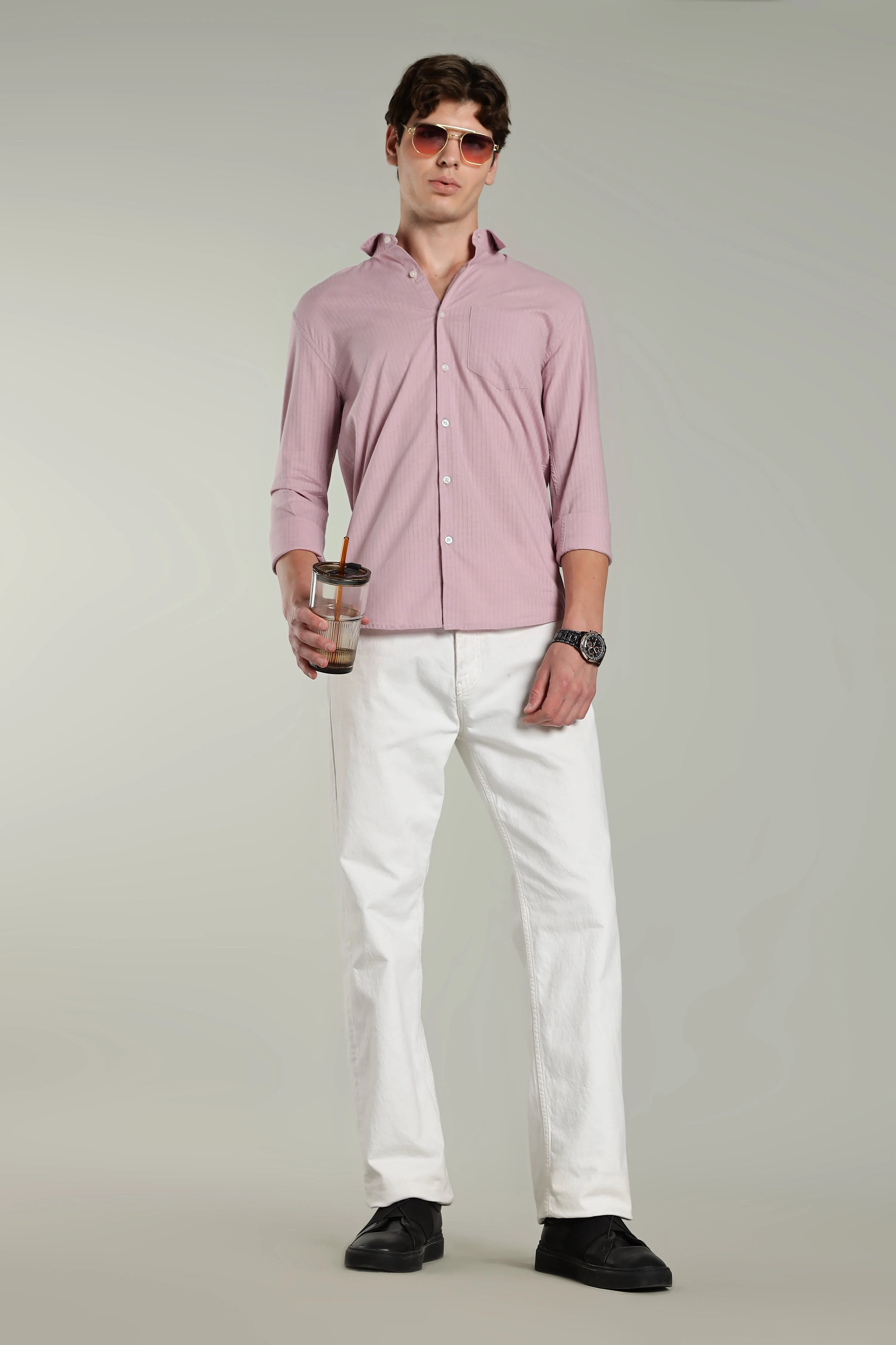 Men Linen Pin Striped Pink Shirt - Image 6