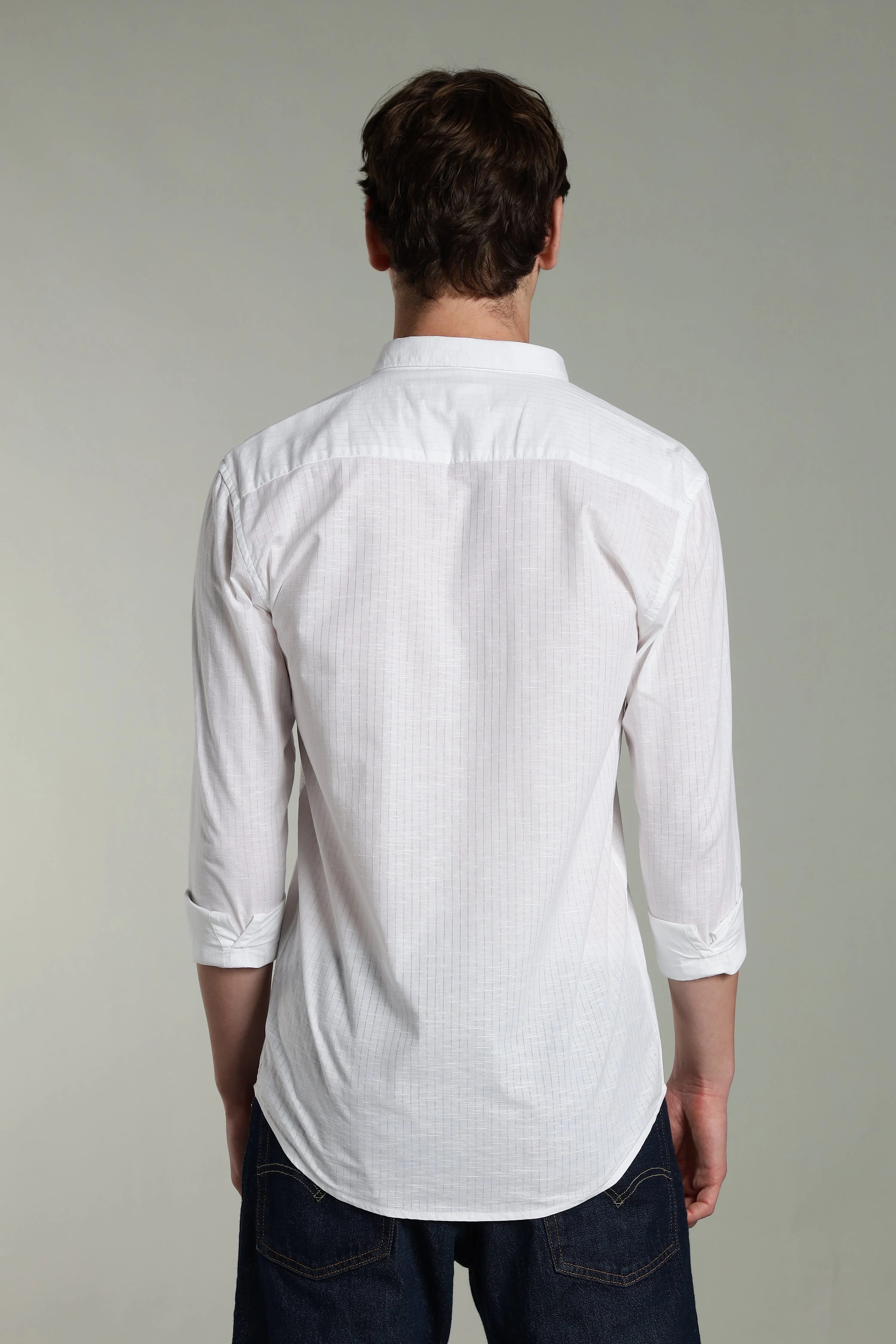 Men Linen Pin Striped White Shirt - Image 2
