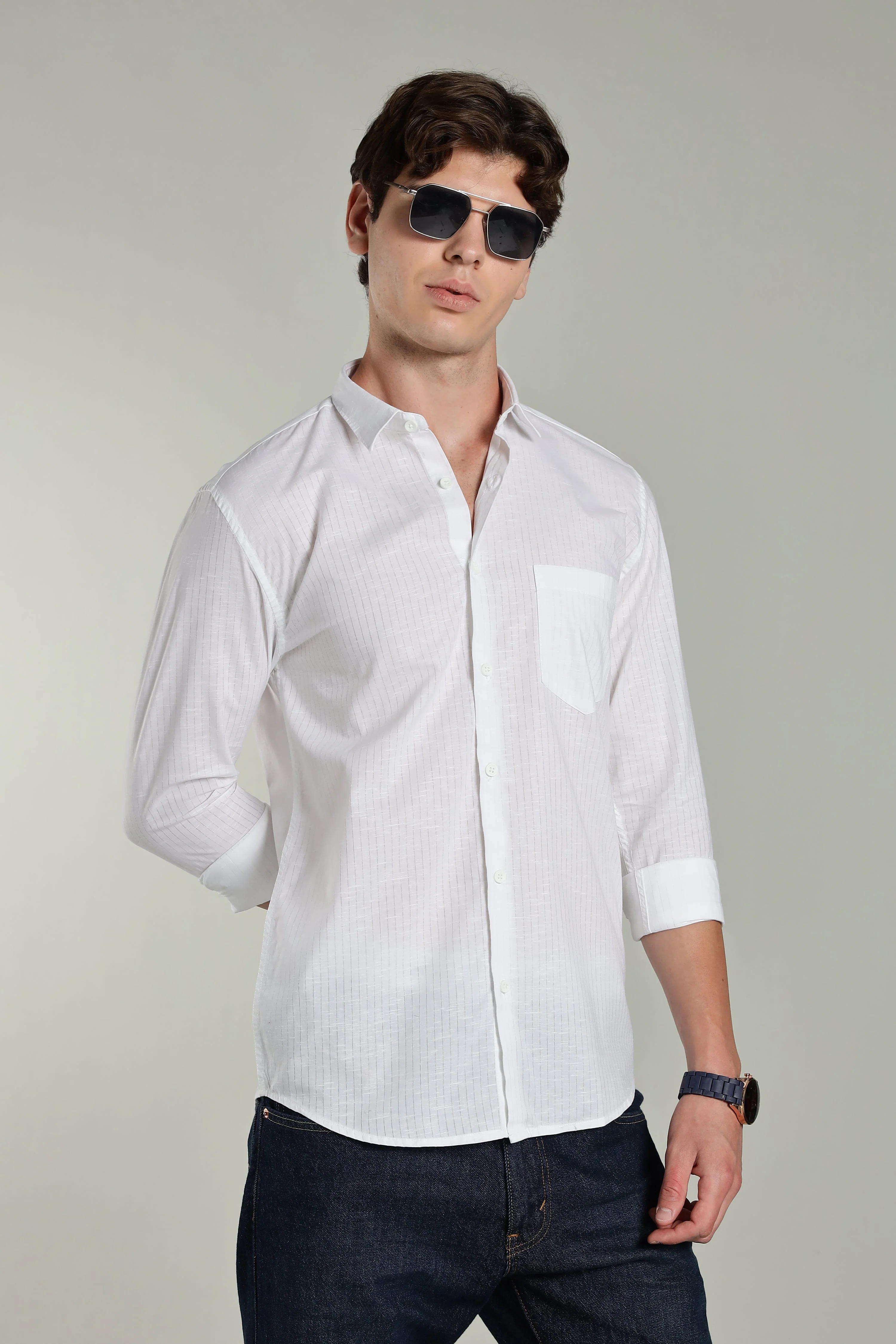 Men Linen Pin Striped White Shirt - Image 3