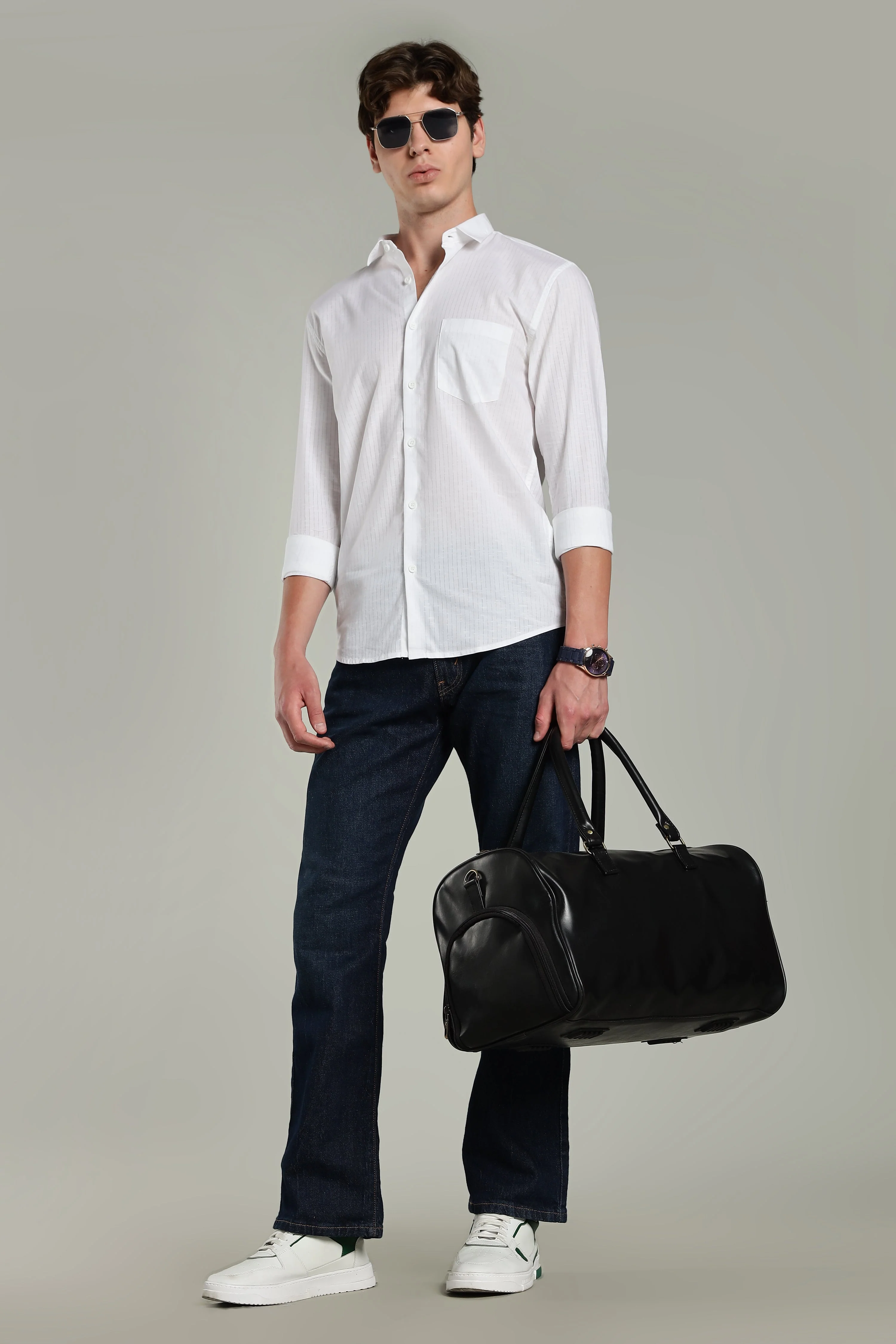 Men Linen Pin Striped White Shirt - Image 5