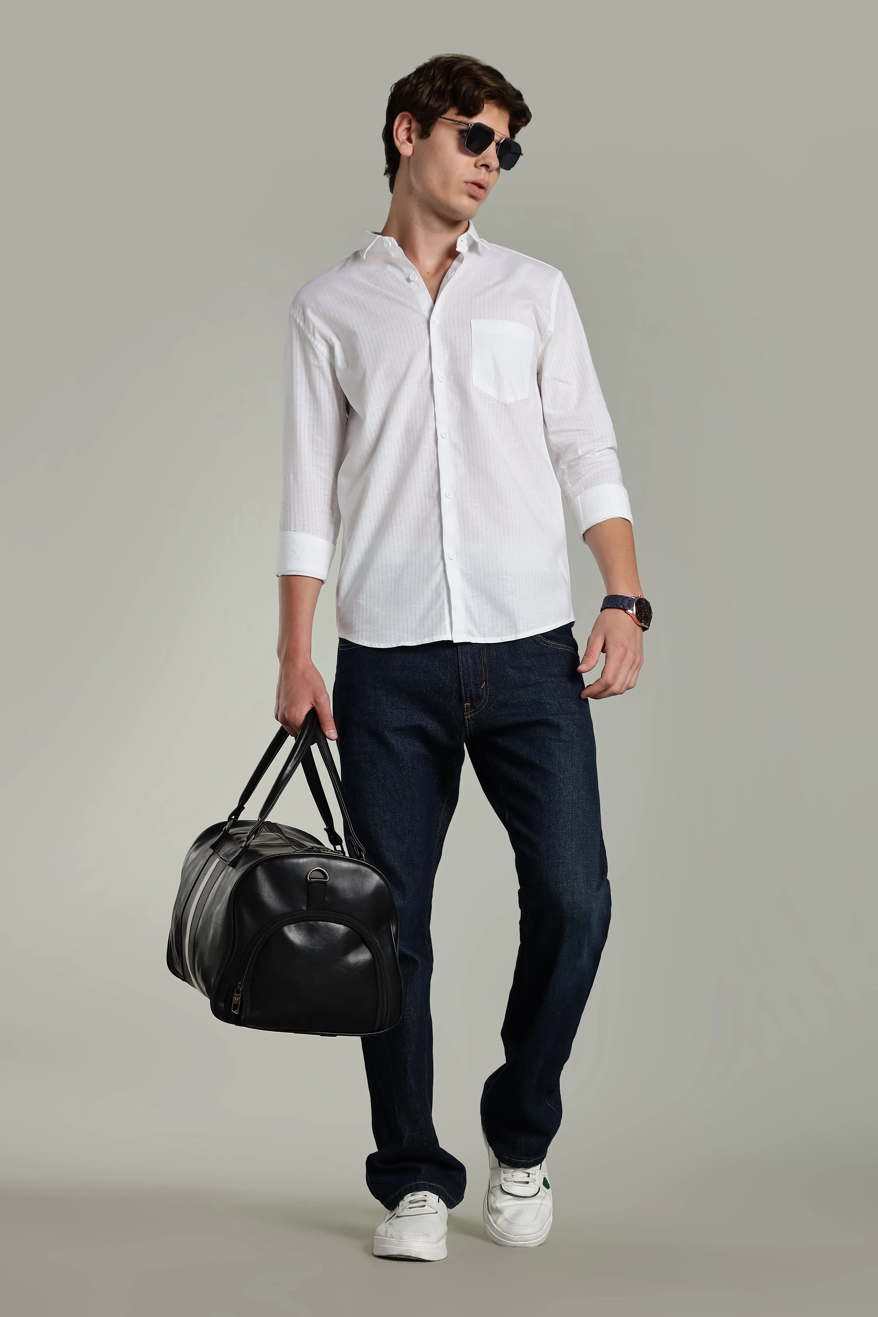 Men Linen Pin Striped White Shirt - Image 6