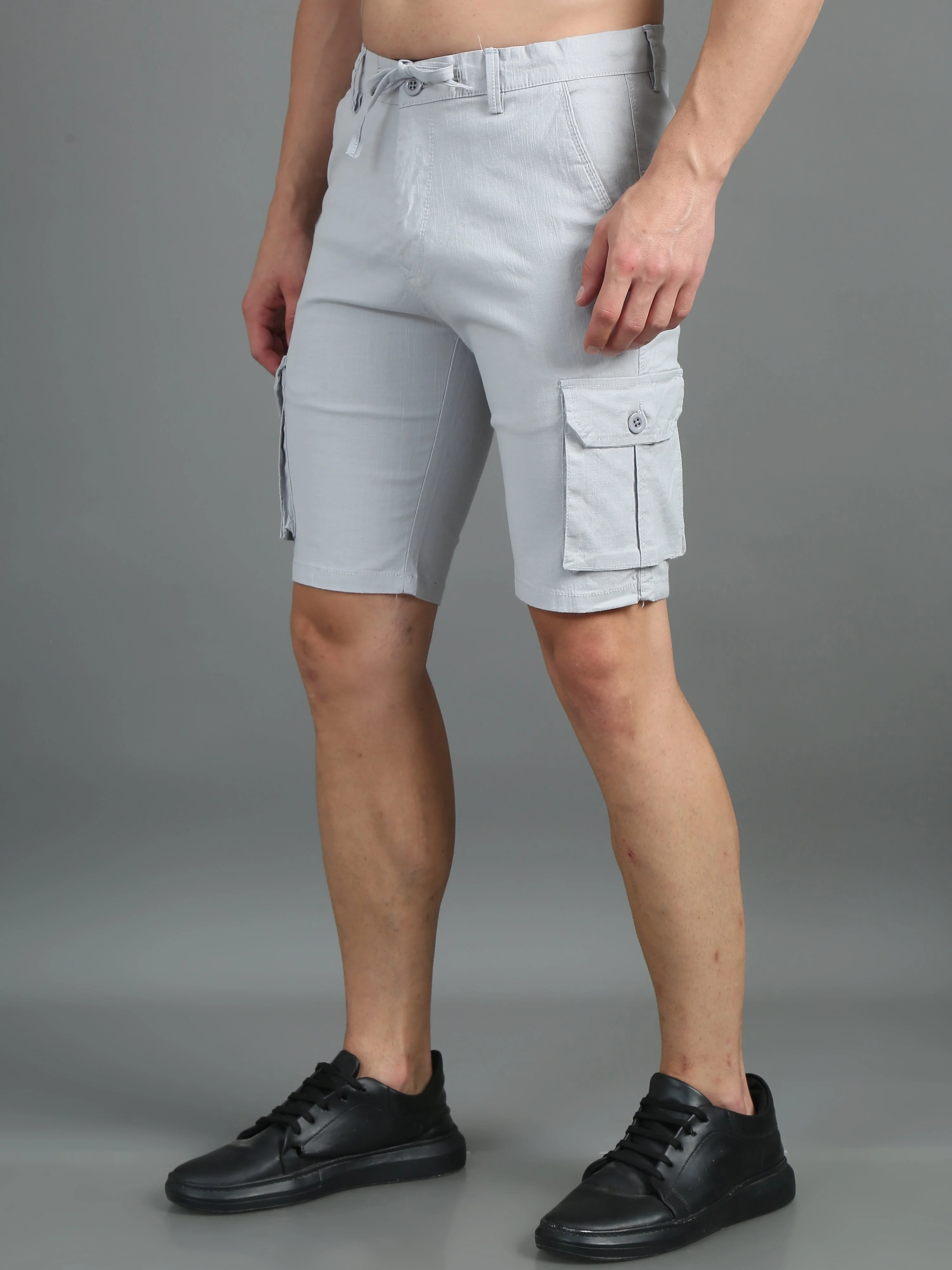 Men Linen Silver Grey Cargo Shorts - Image 3