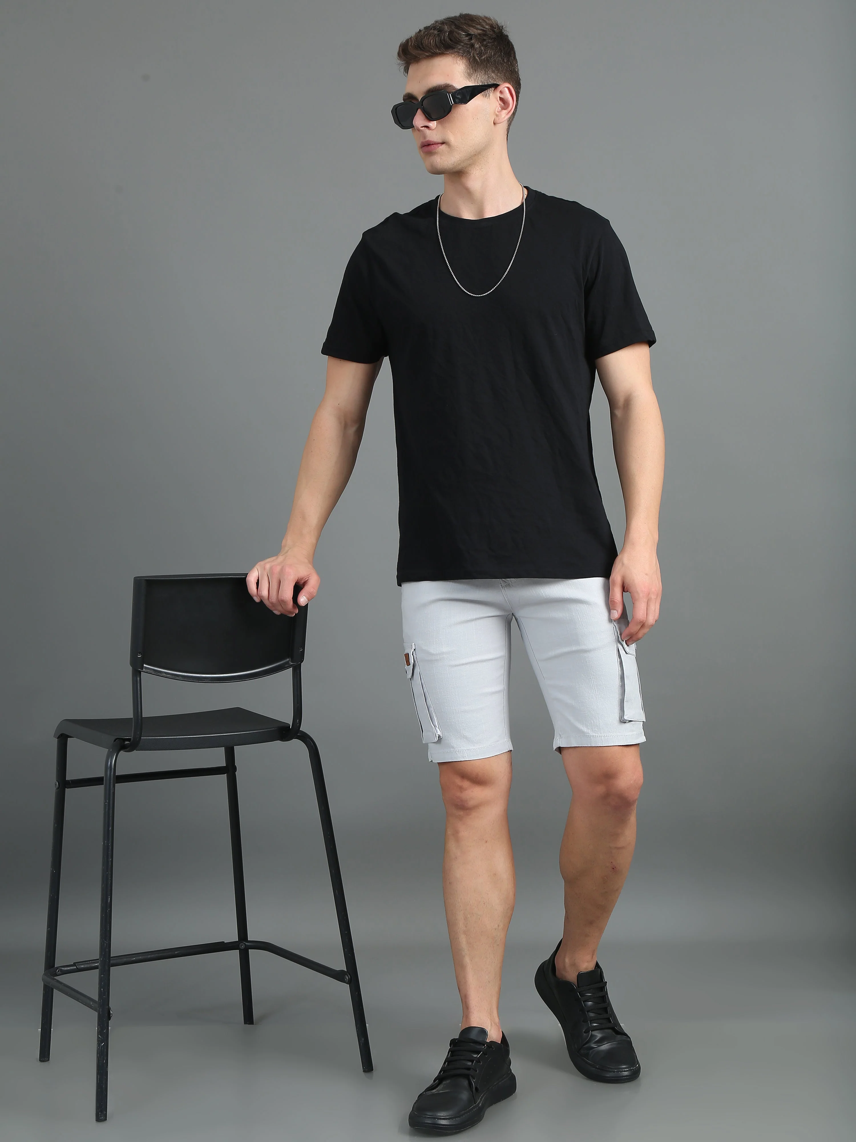 Men Linen Silver Grey Cargo Shorts - Image 5