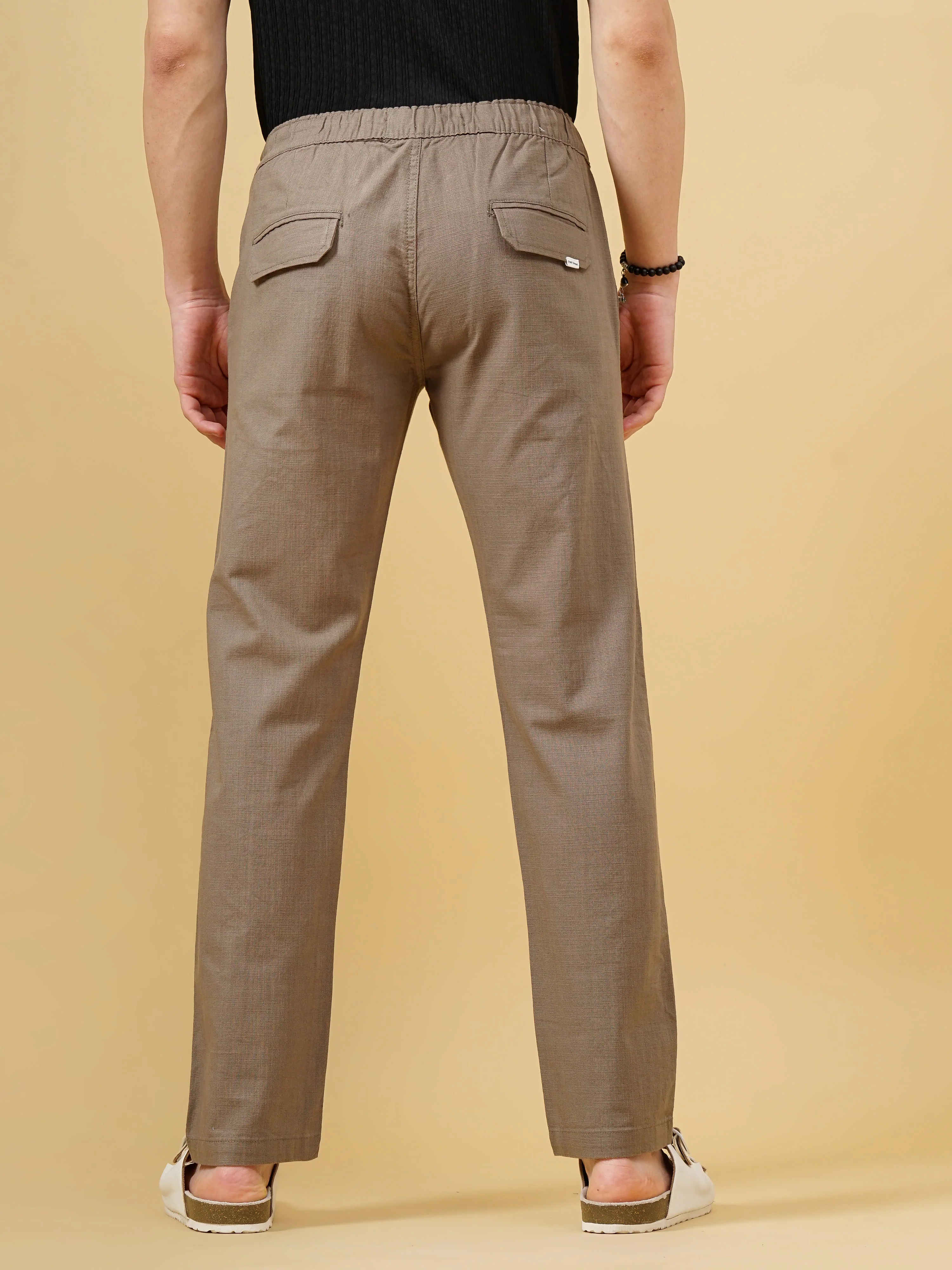 Men Linen Straight Fit Brown Trouser - Image 2