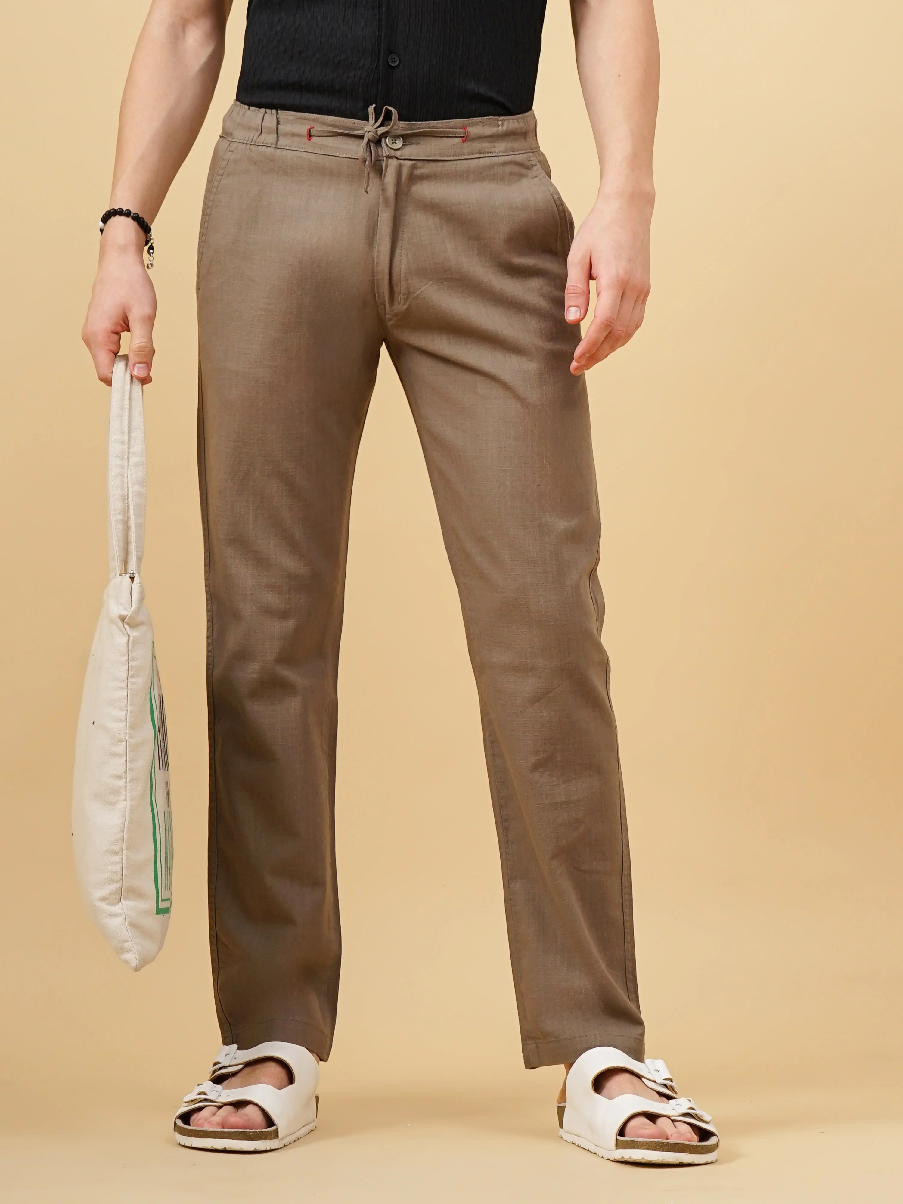 Men Linen Straight Fit Brown Trouser - Image 3
