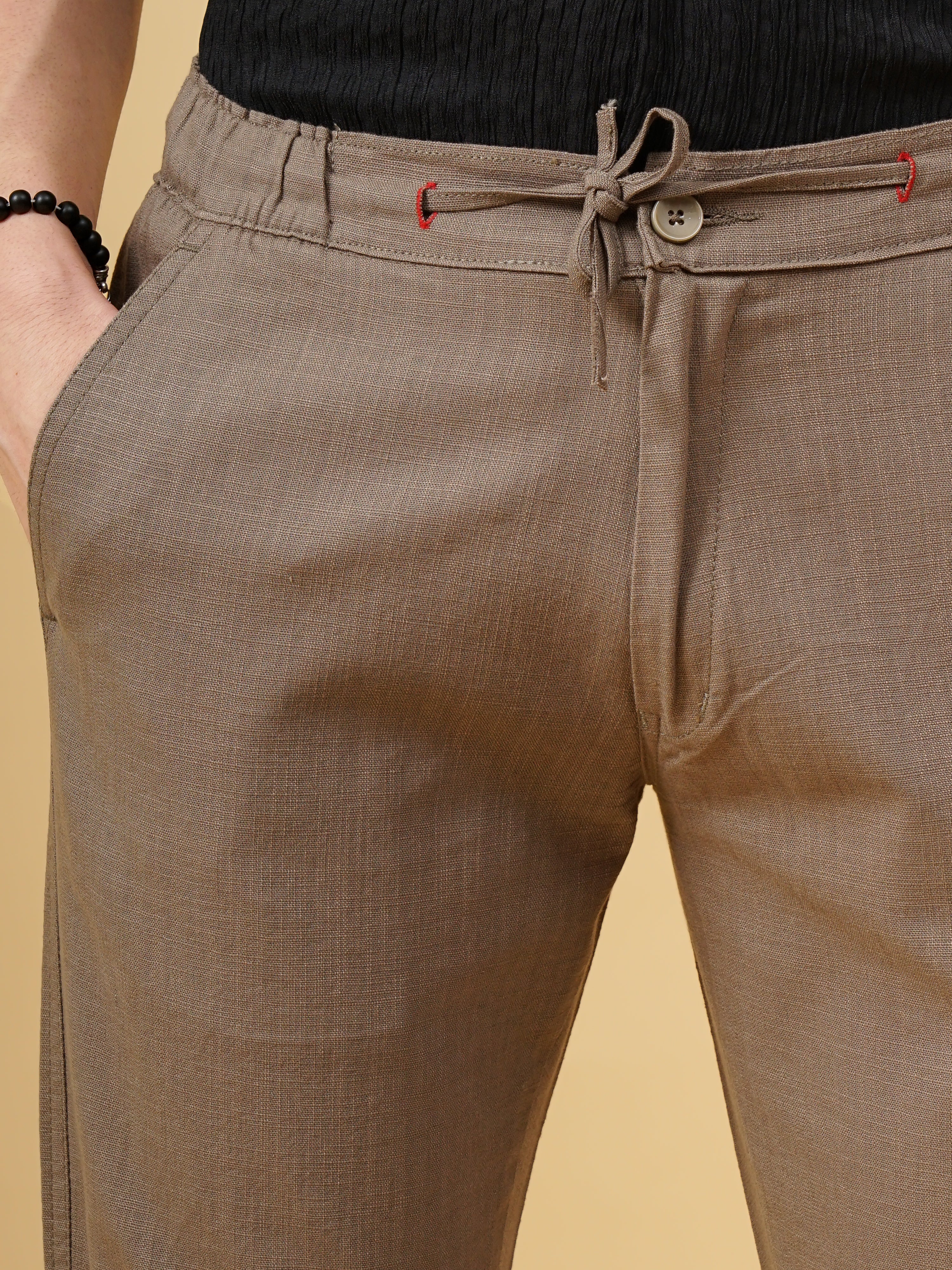 Men Linen Straight Fit Brown Trouser - Image 4