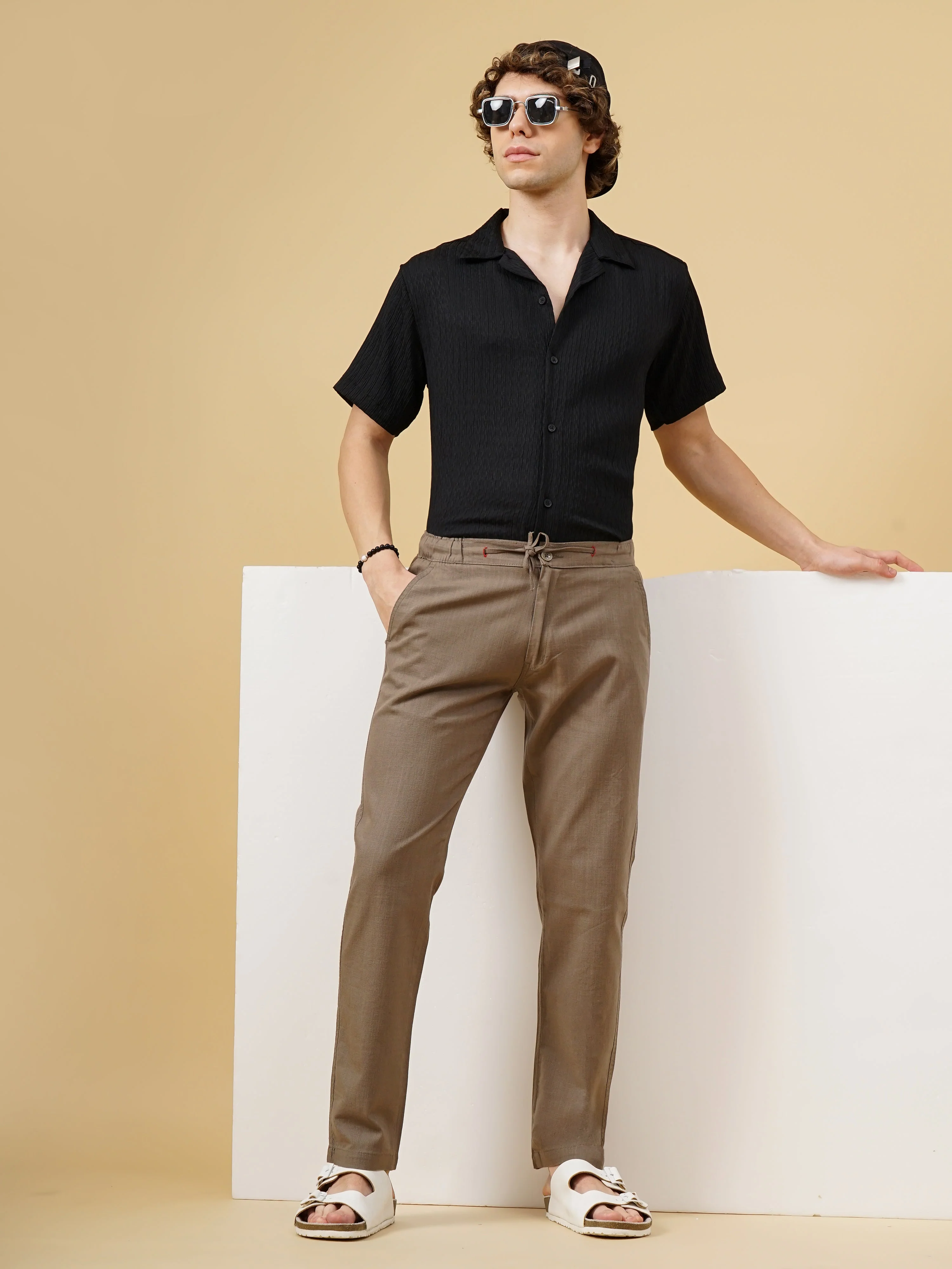Men Linen Straight Fit Brown Trouser - Image 5