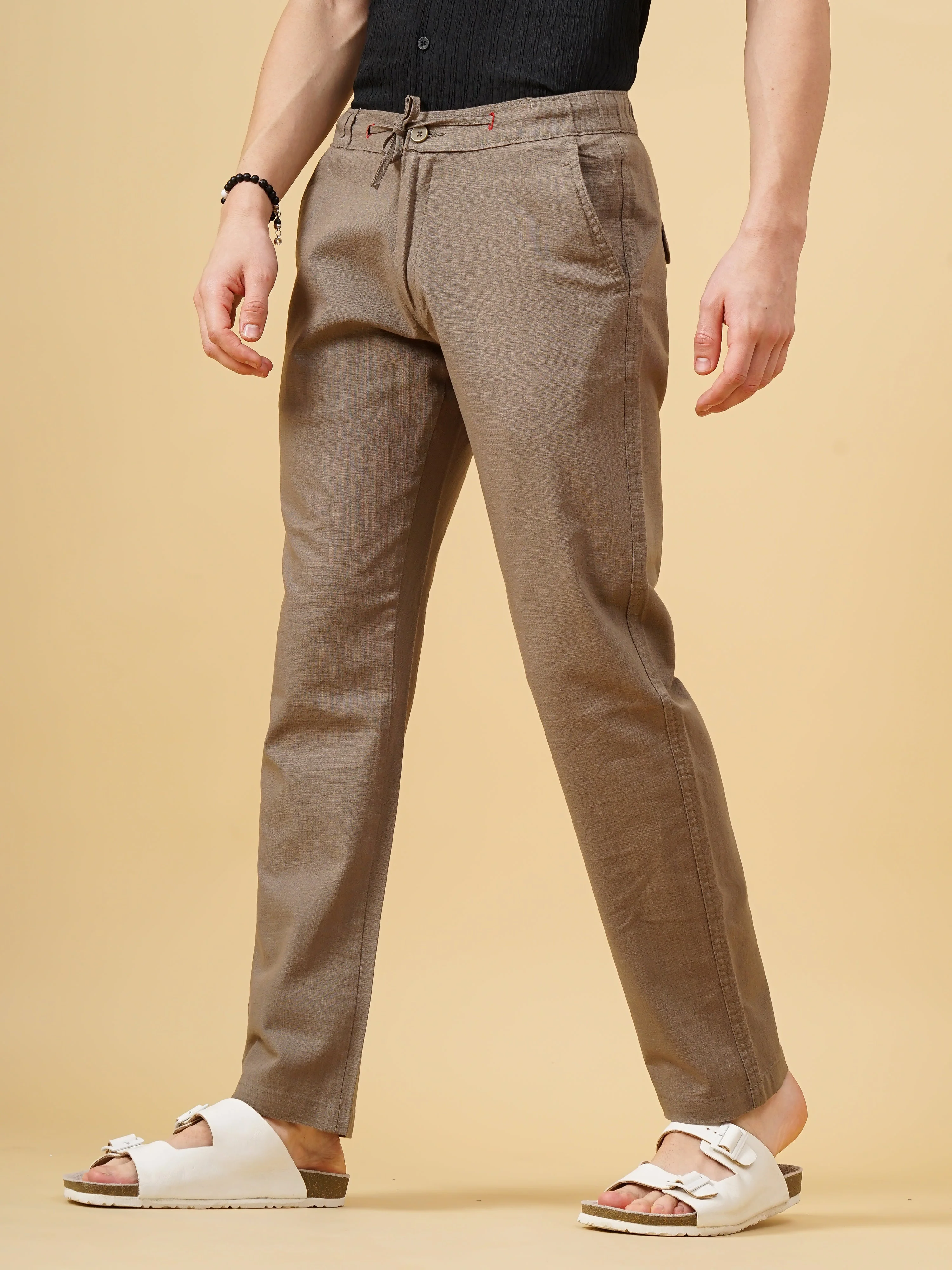 Men Linen Straight Fit Brown Trouser - Image 6