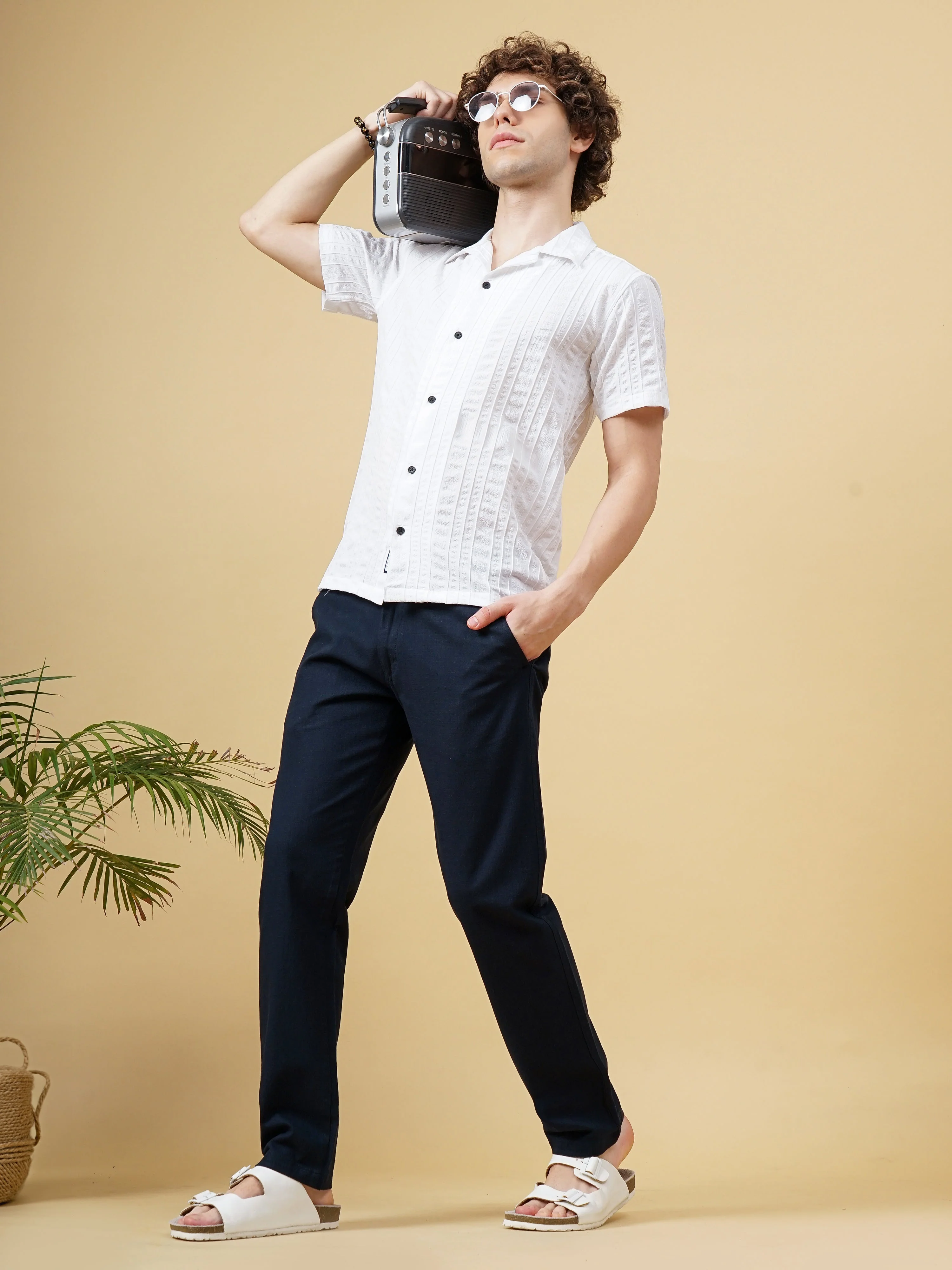Men Linen Straight Fit Navy Trouser - Image 2