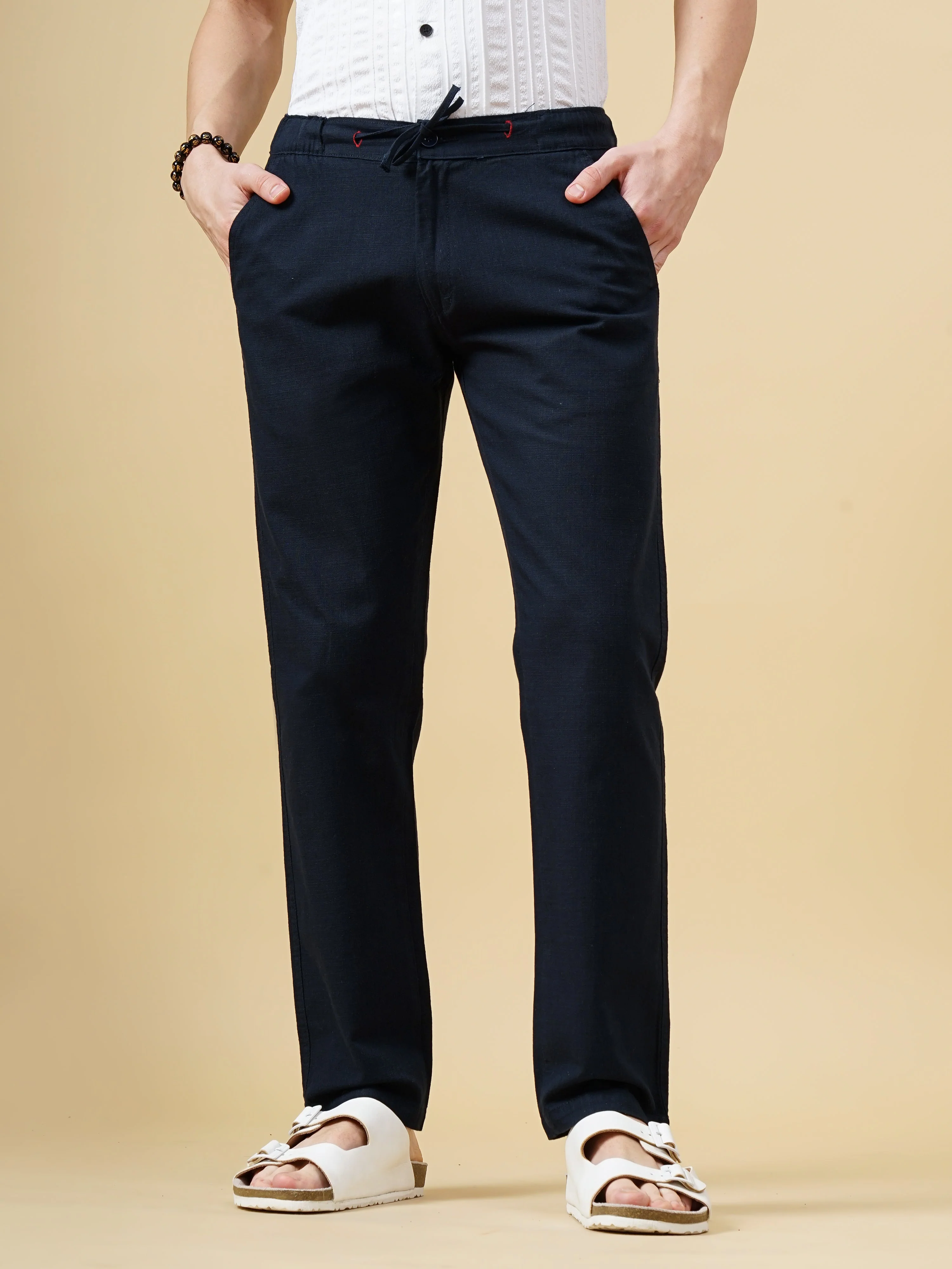 Men Linen Straight Fit Navy Trouser - Image 3