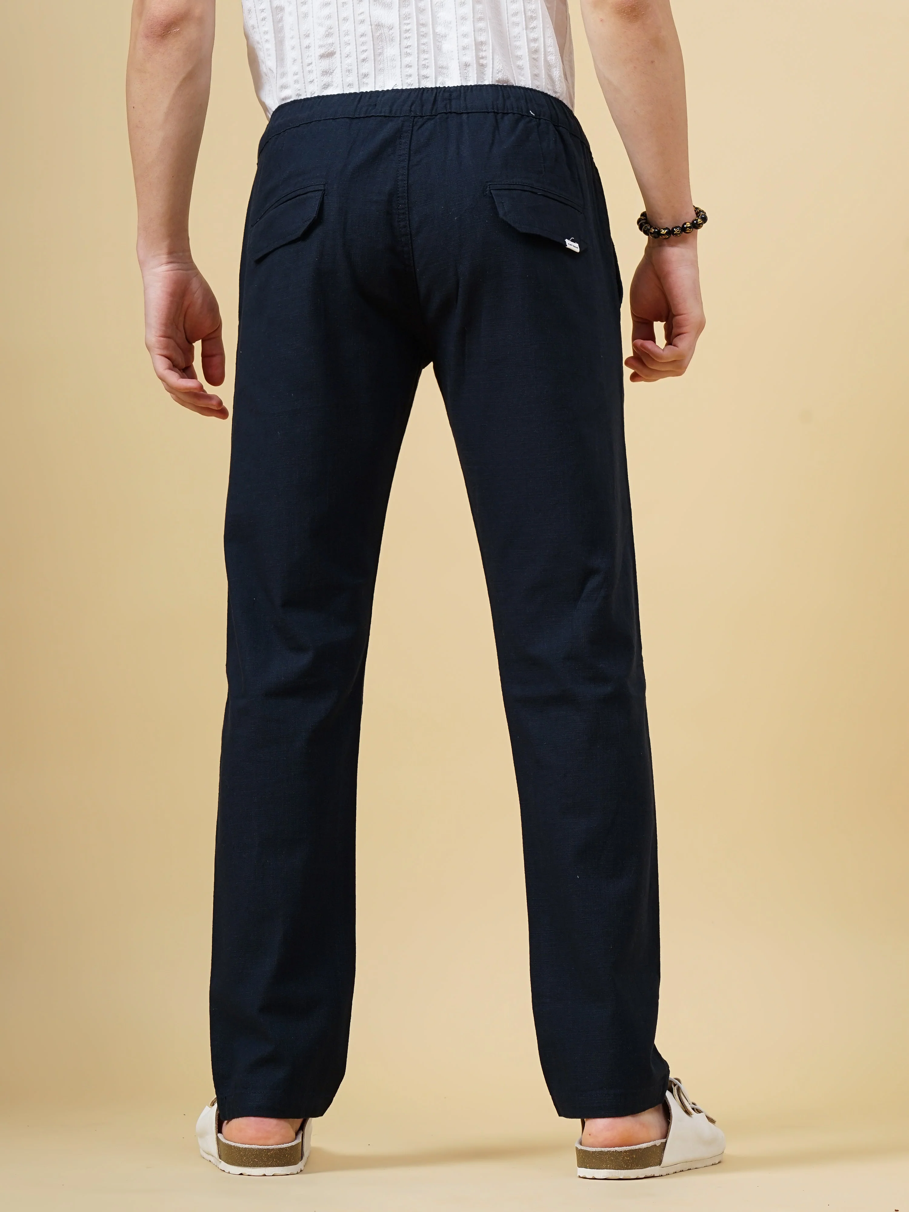 Men Linen Straight Fit Navy Trouser - Image 4