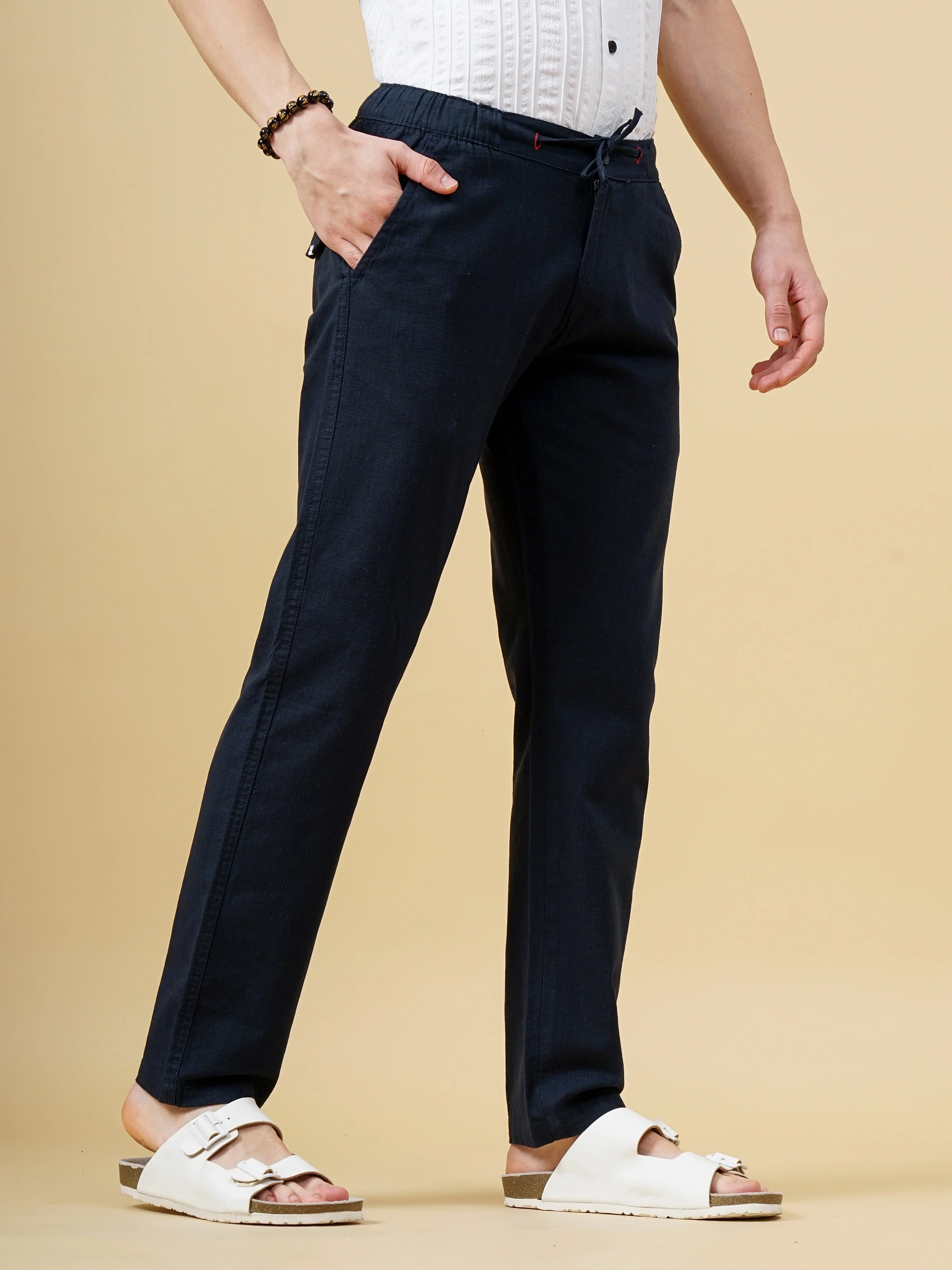 Men Linen Straight Fit Navy Trouser - Image 6